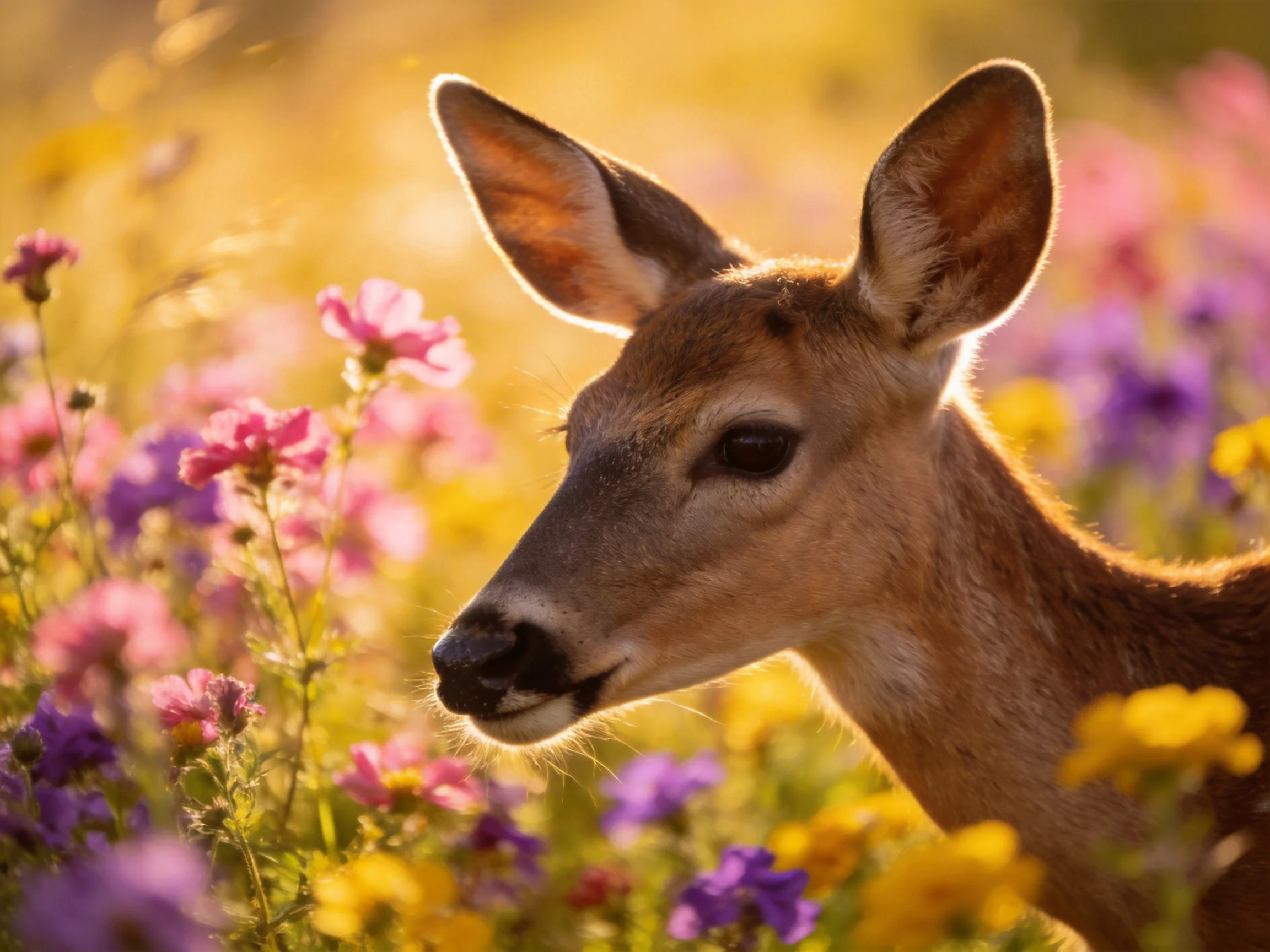 A young deer amid vibrant multicolored wildflowers in golden light