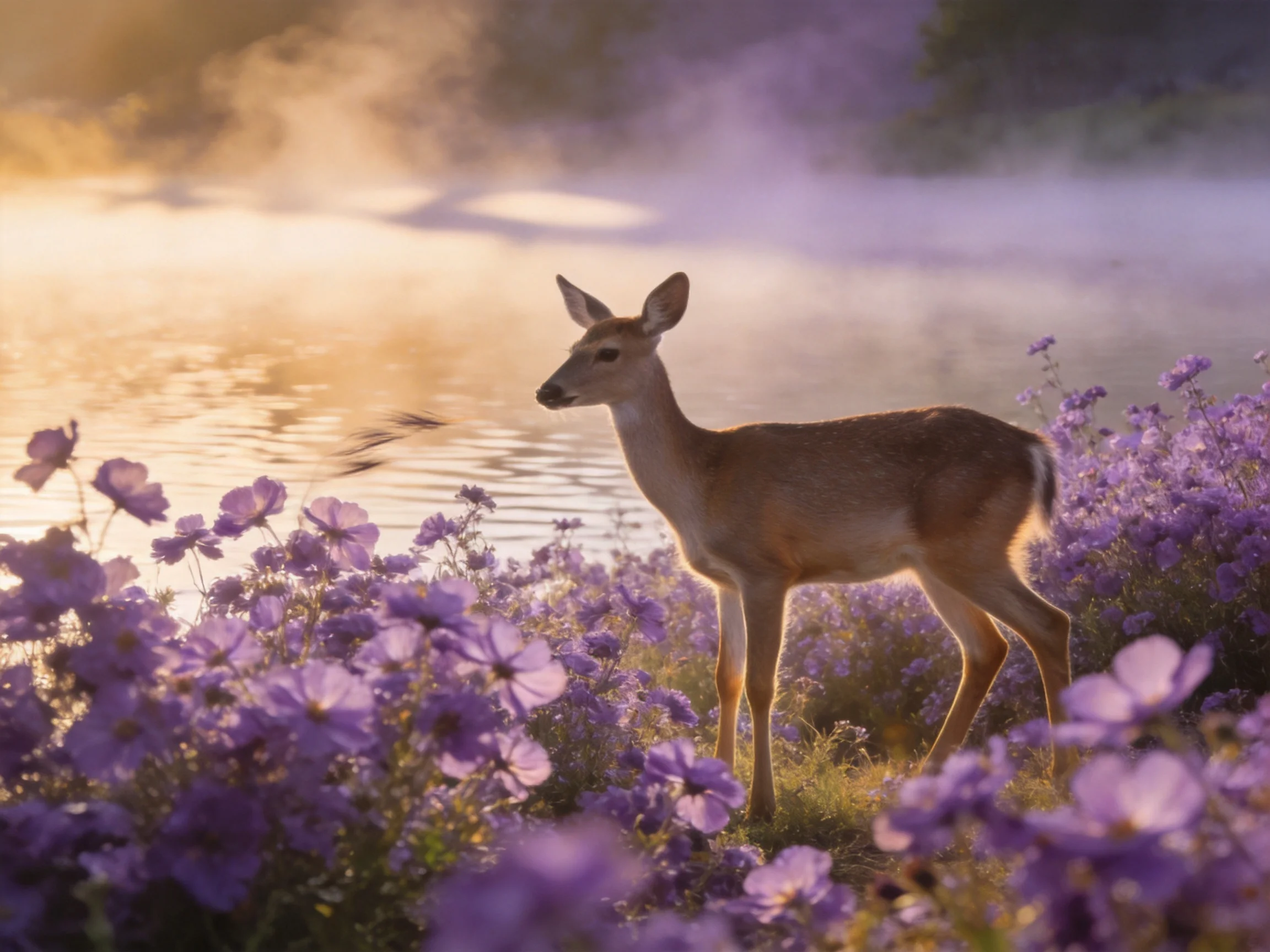 A young deer amid vibrant purple flowers near a misty water body