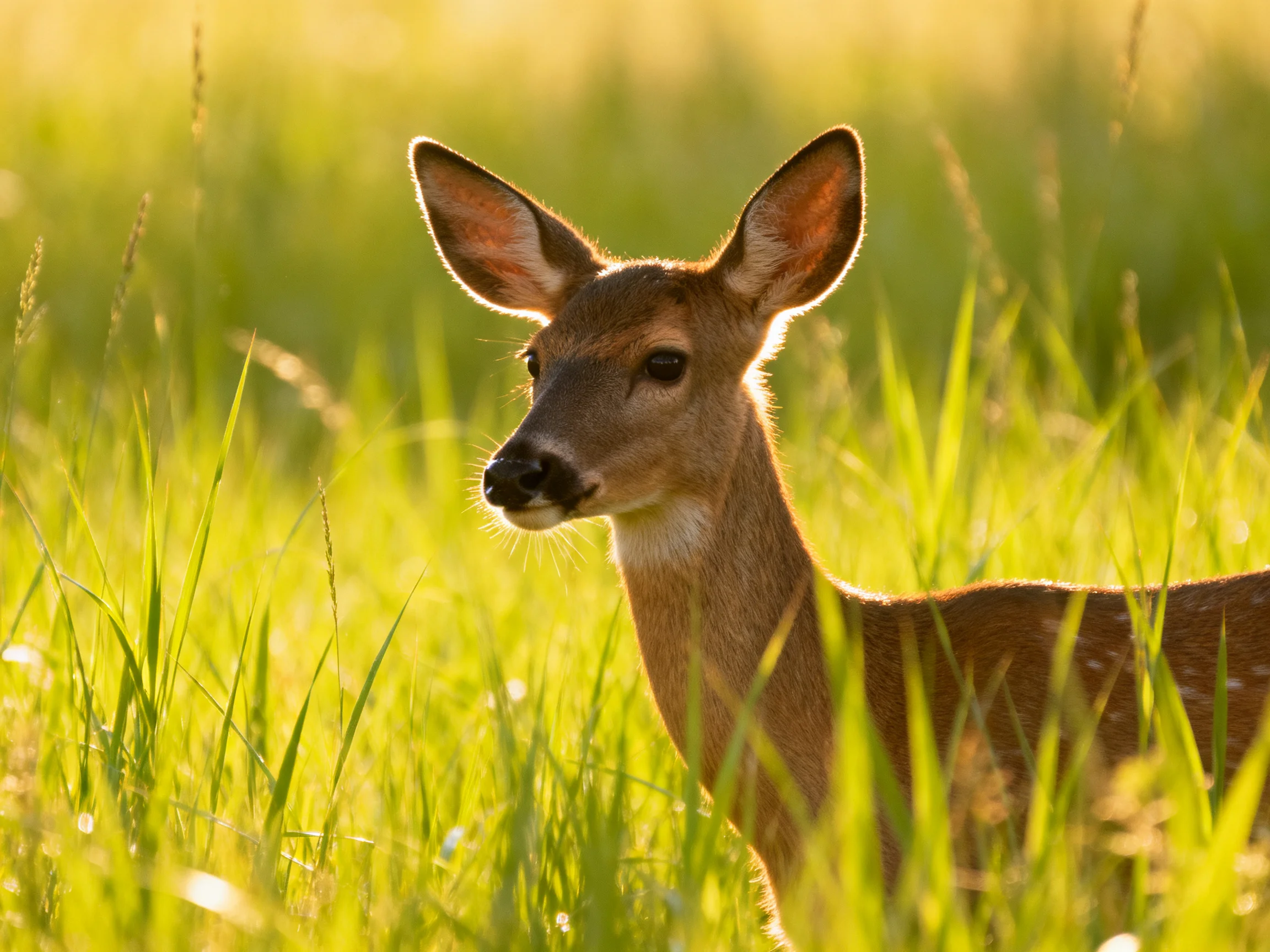 A young deer amidst tall golden-green grasses in warm sunlight
