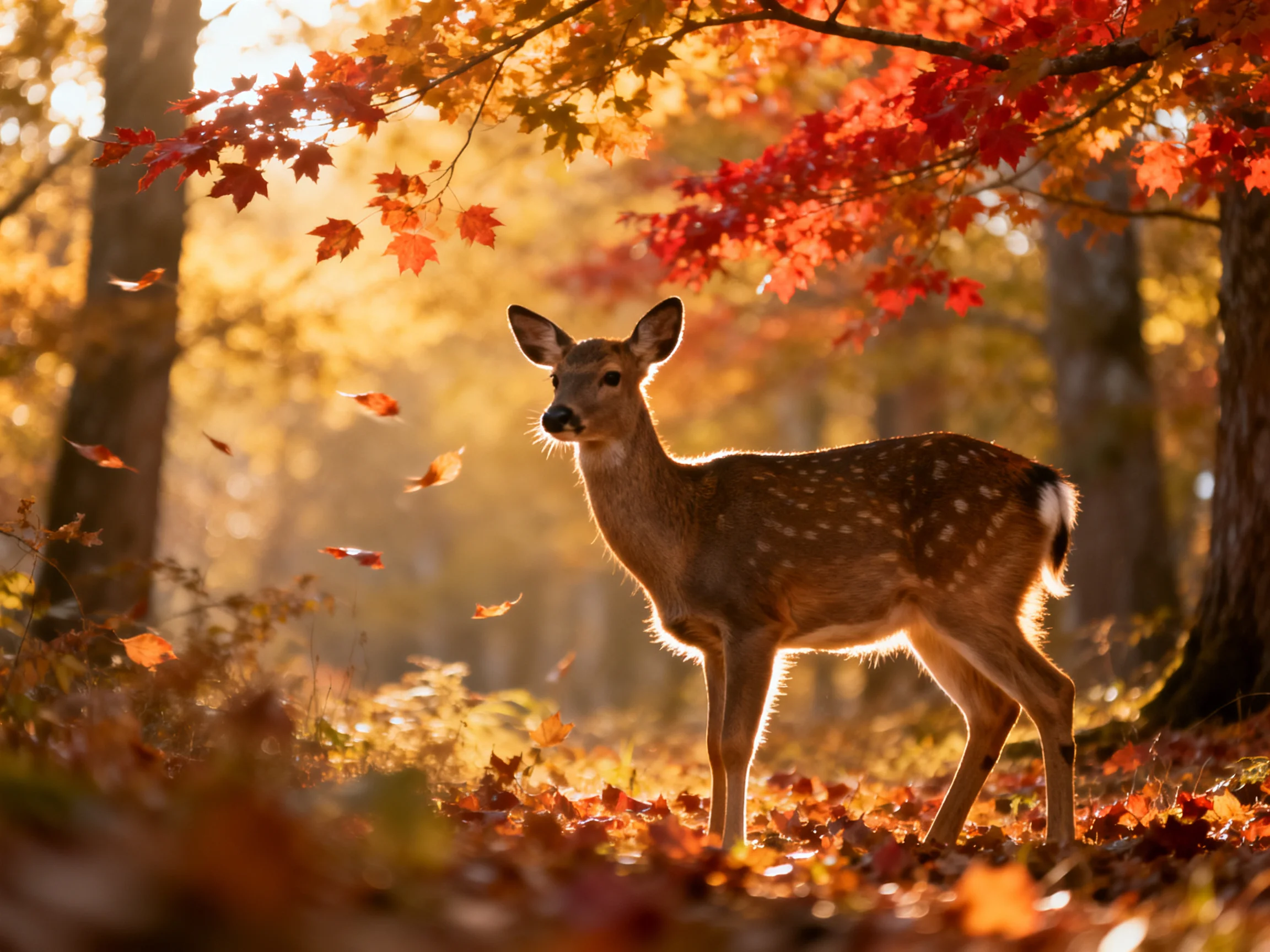 A deer stands among colorful autumn leaves in a sunlit forest.