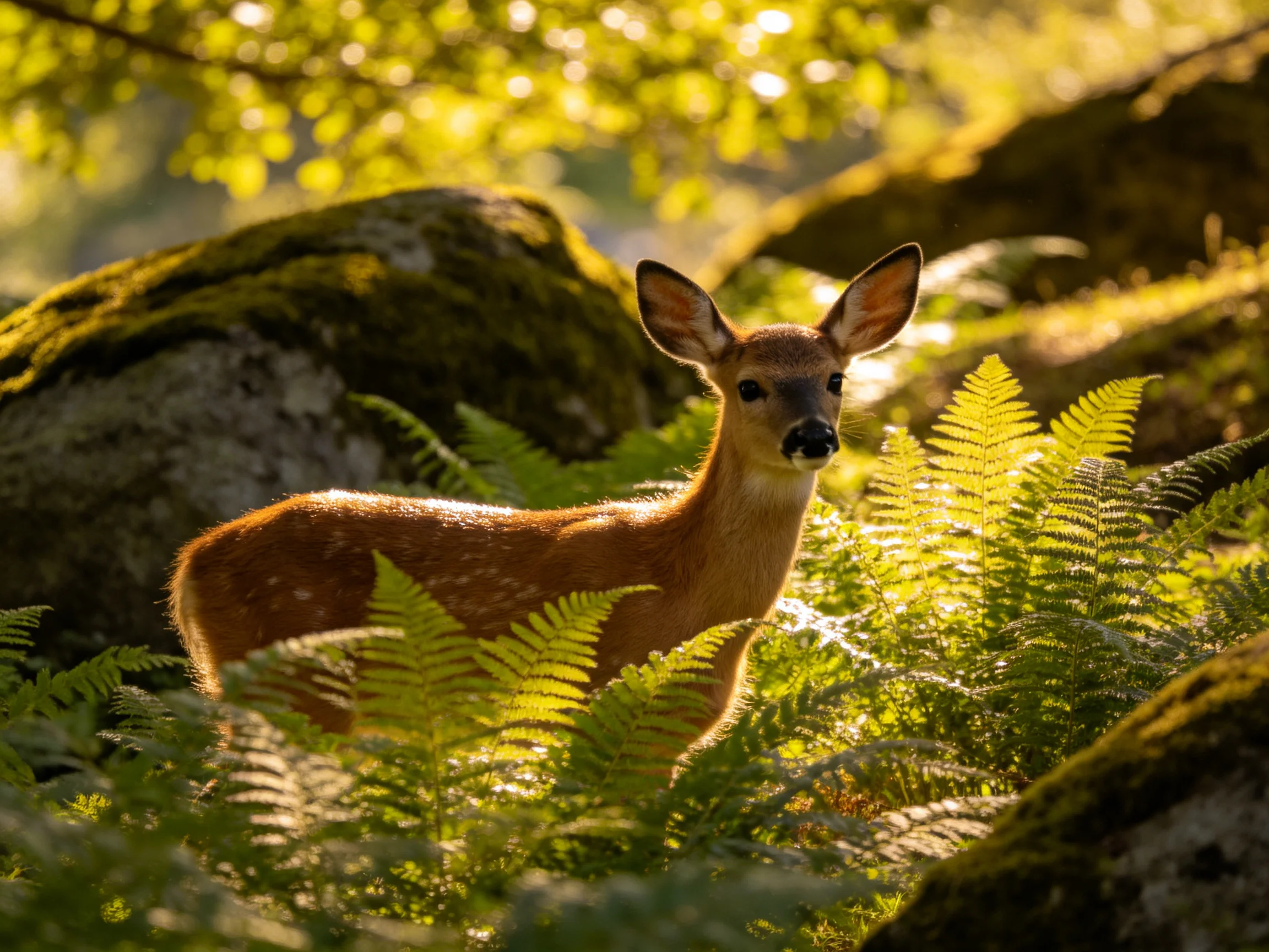 A young deer is nestled among ferns and rocks in a sunlit forest.