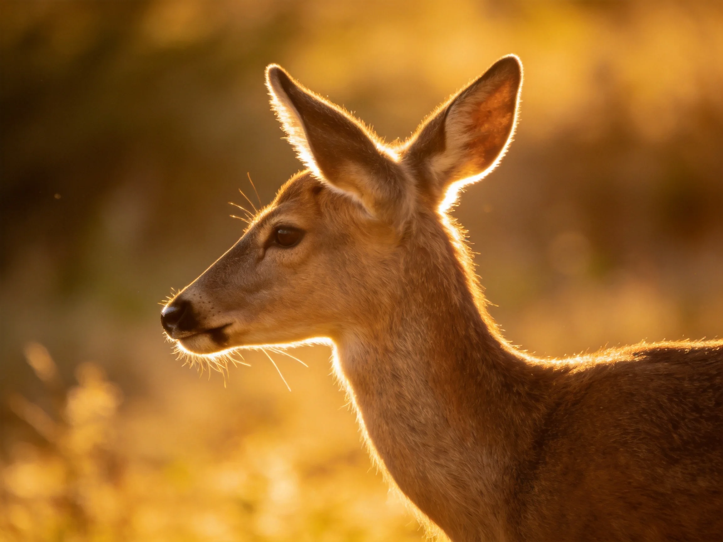 A young deer stands out under golden sunlight amid blurred foliage.