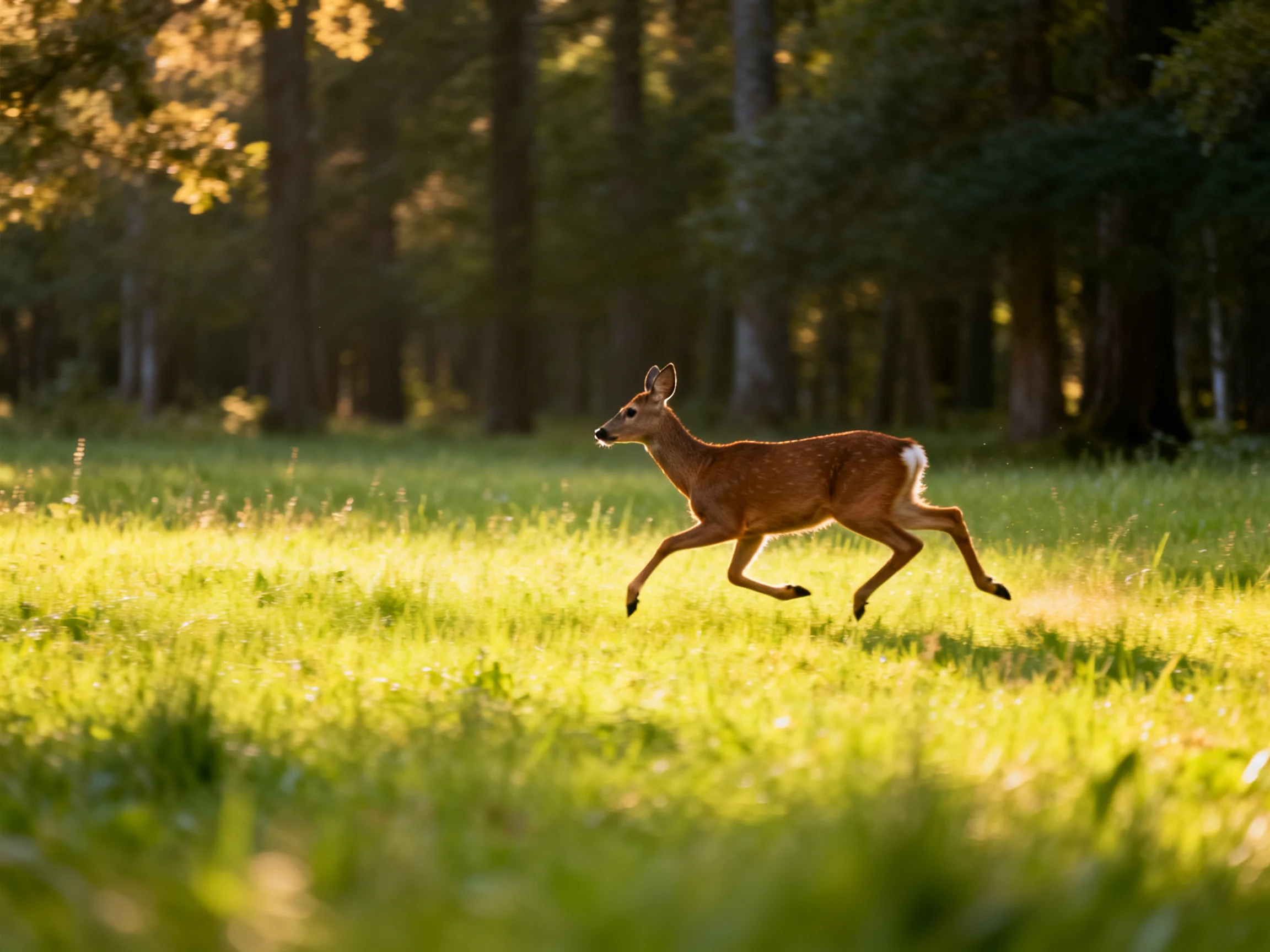 A young deer bounds through a sunlit green meadow with tall forest trees