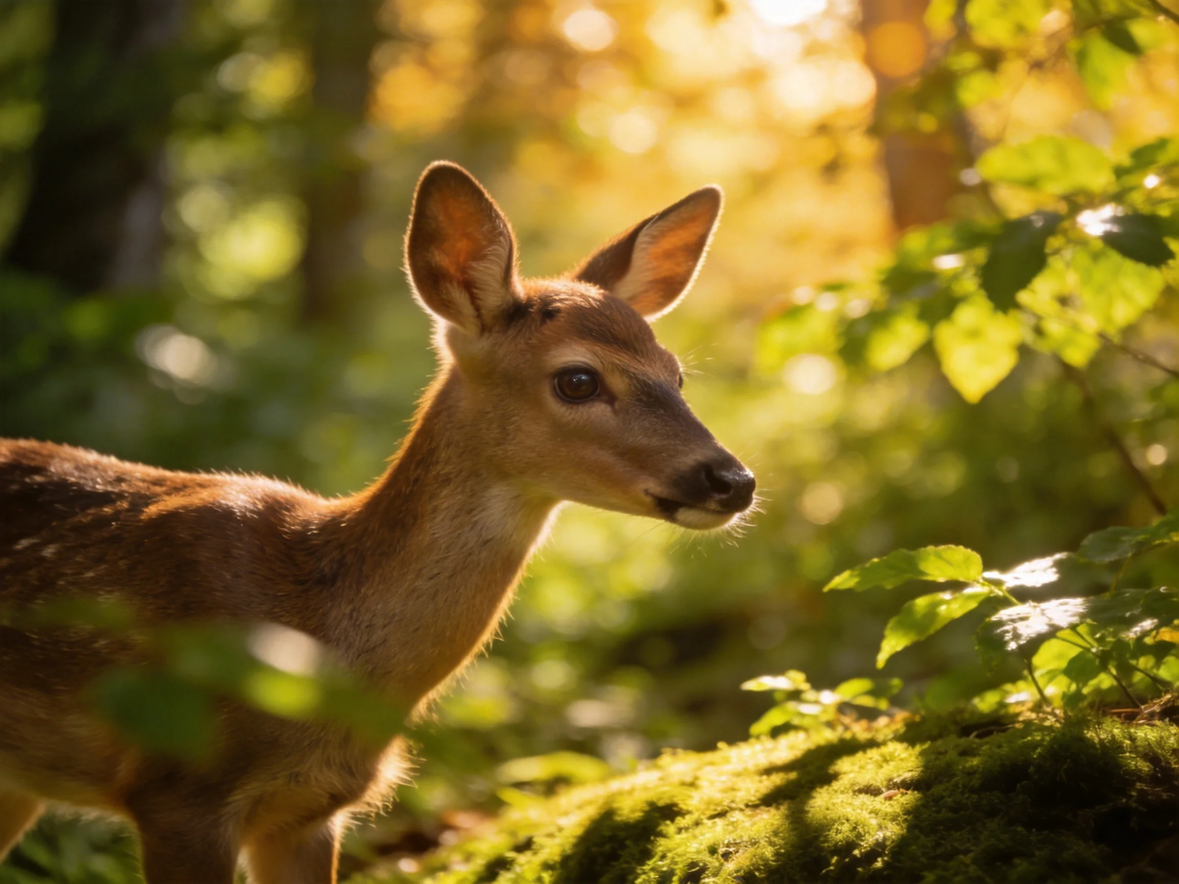 A young deer fawn in a mossy, sunlit forest clearing