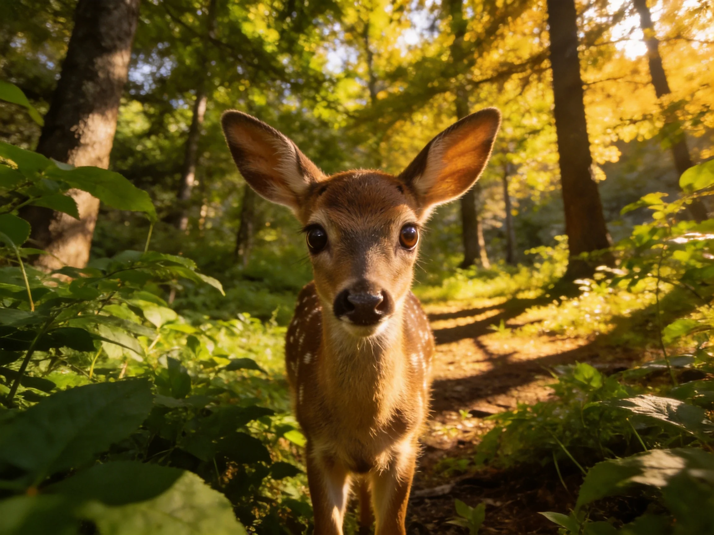 A young deer fawn stands in a sunlit forest path surrounded by greenery.