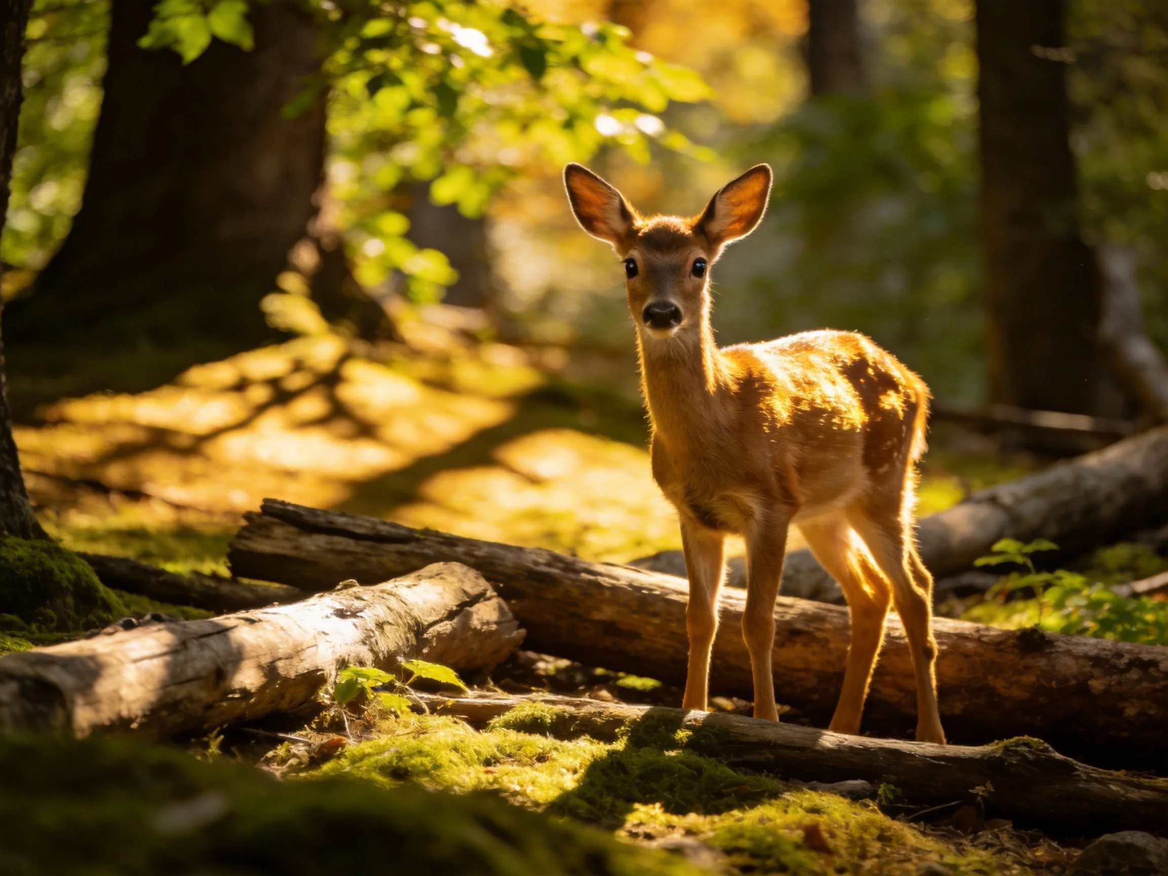 A young deer fawn stands near moss-covered logs in a sunlit forest