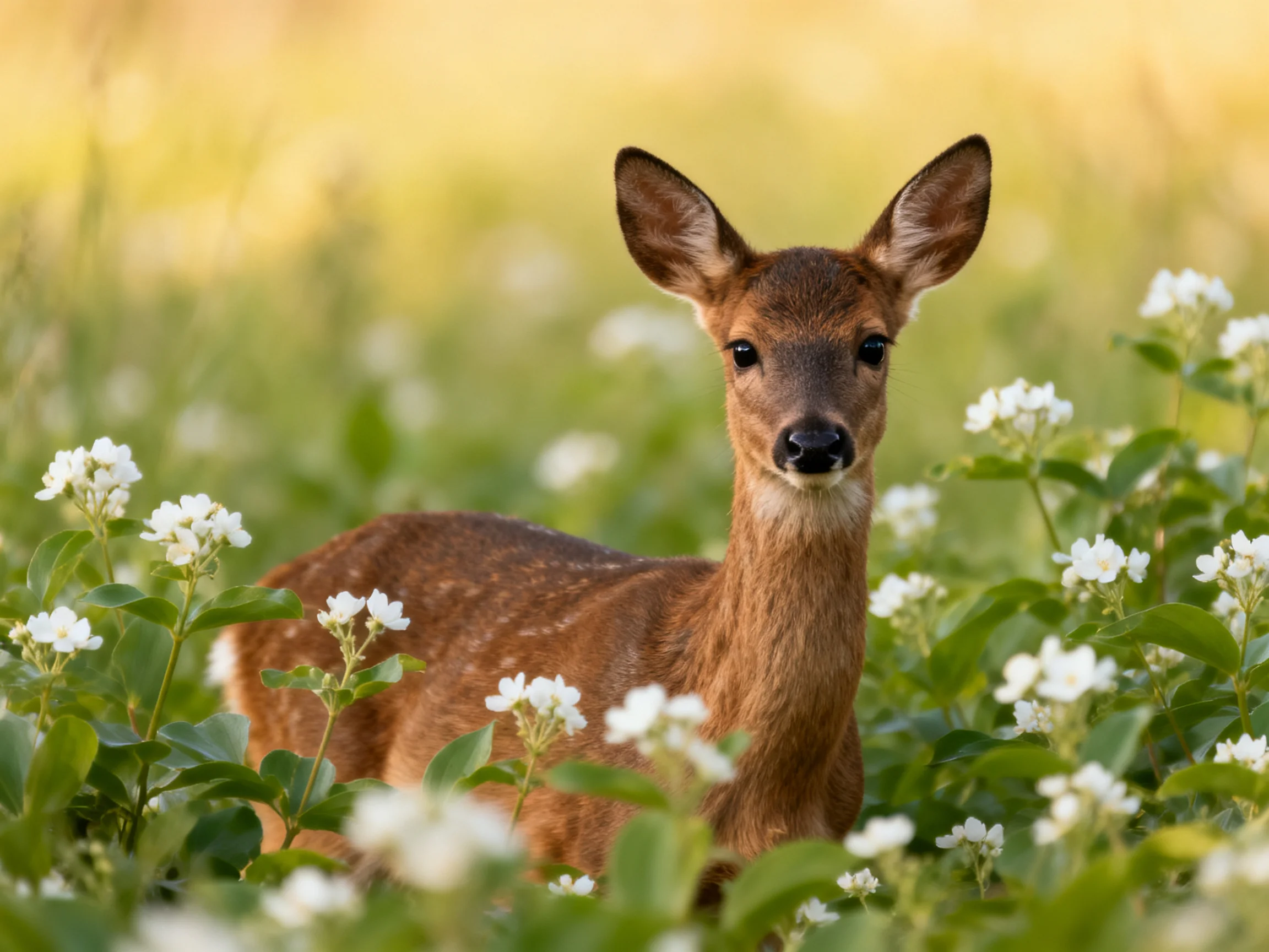 A young deer fawn surrounded by white wildflowers in a sunlit meadow