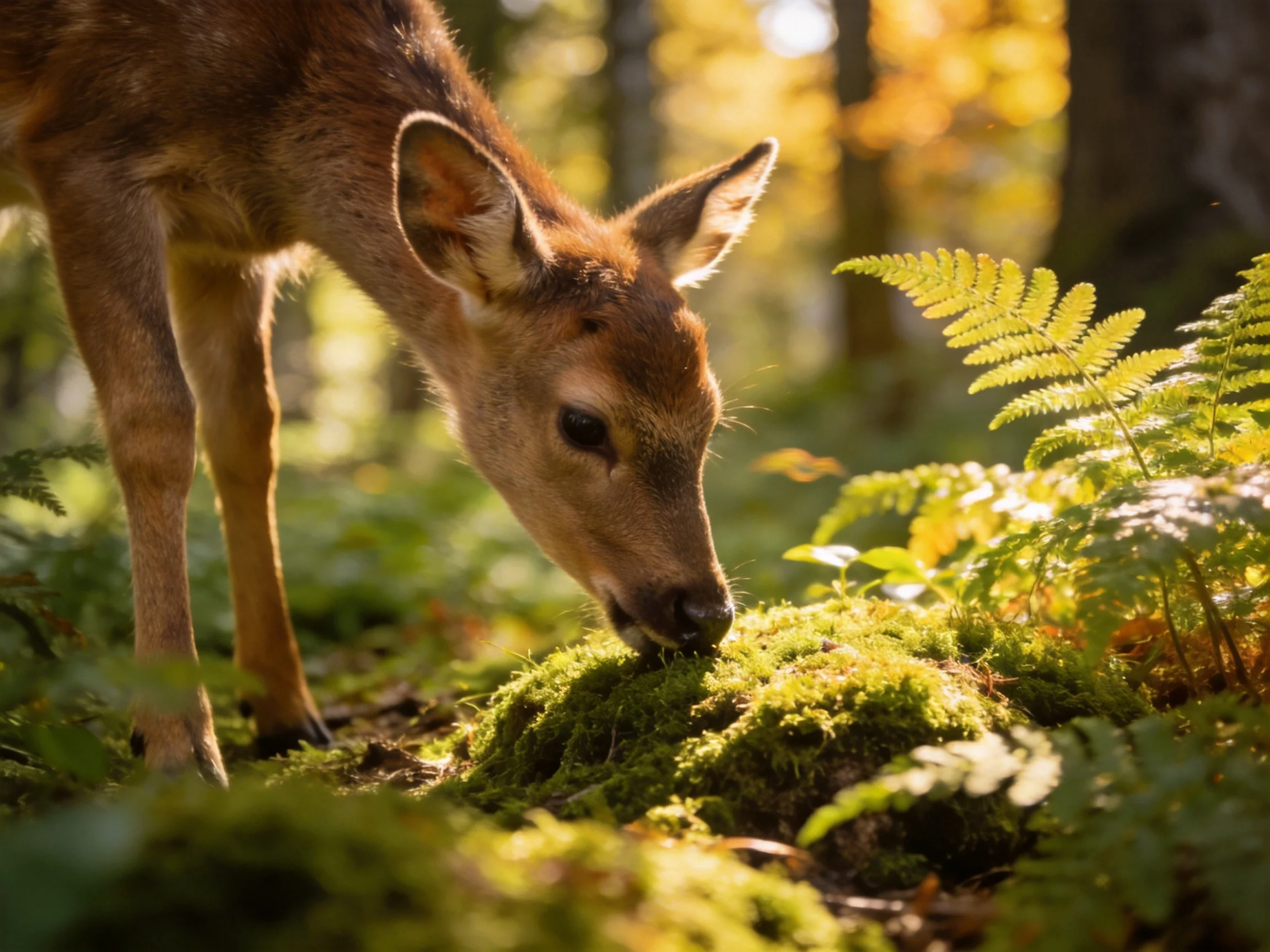 A young deer feeds on moss in a sunlit forest.