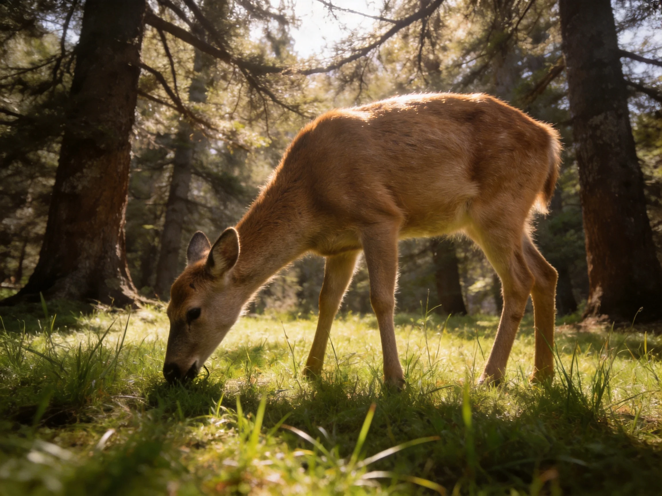 A deer grazes in a sunlit forest clearing.