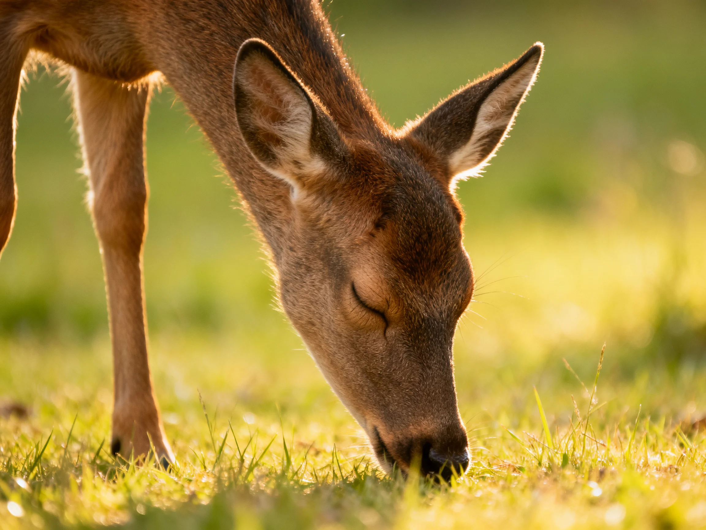 A young deer grazes in a sun-drenched green meadow
