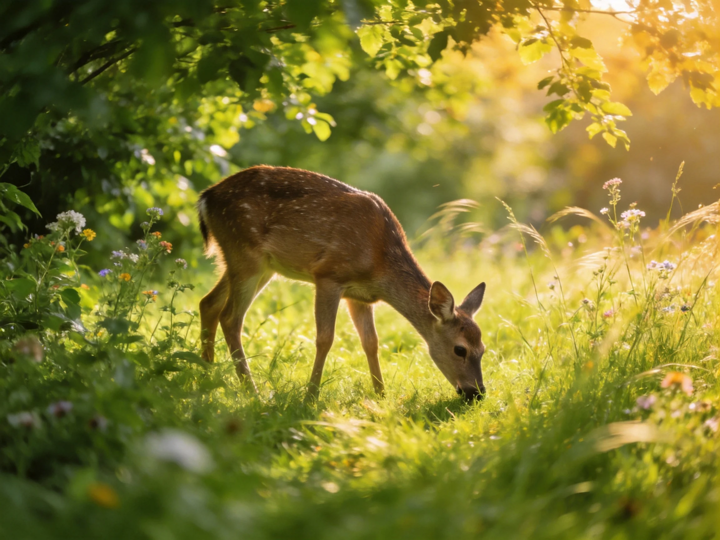 A young deer forages among tall grasses and wildflowers in a sunlit natural setting.