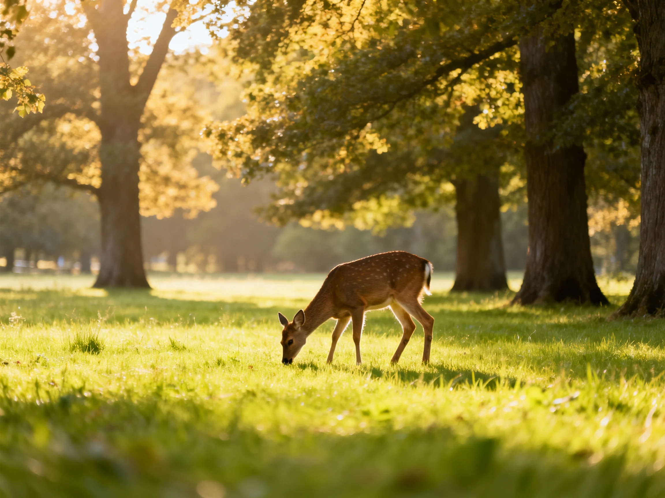 A young deer grazing in a sun-drenched forest meadow