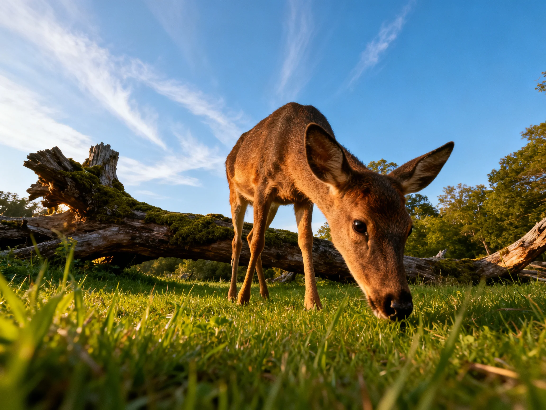 A young deer grazes in a sunlit meadow with fallen logs.