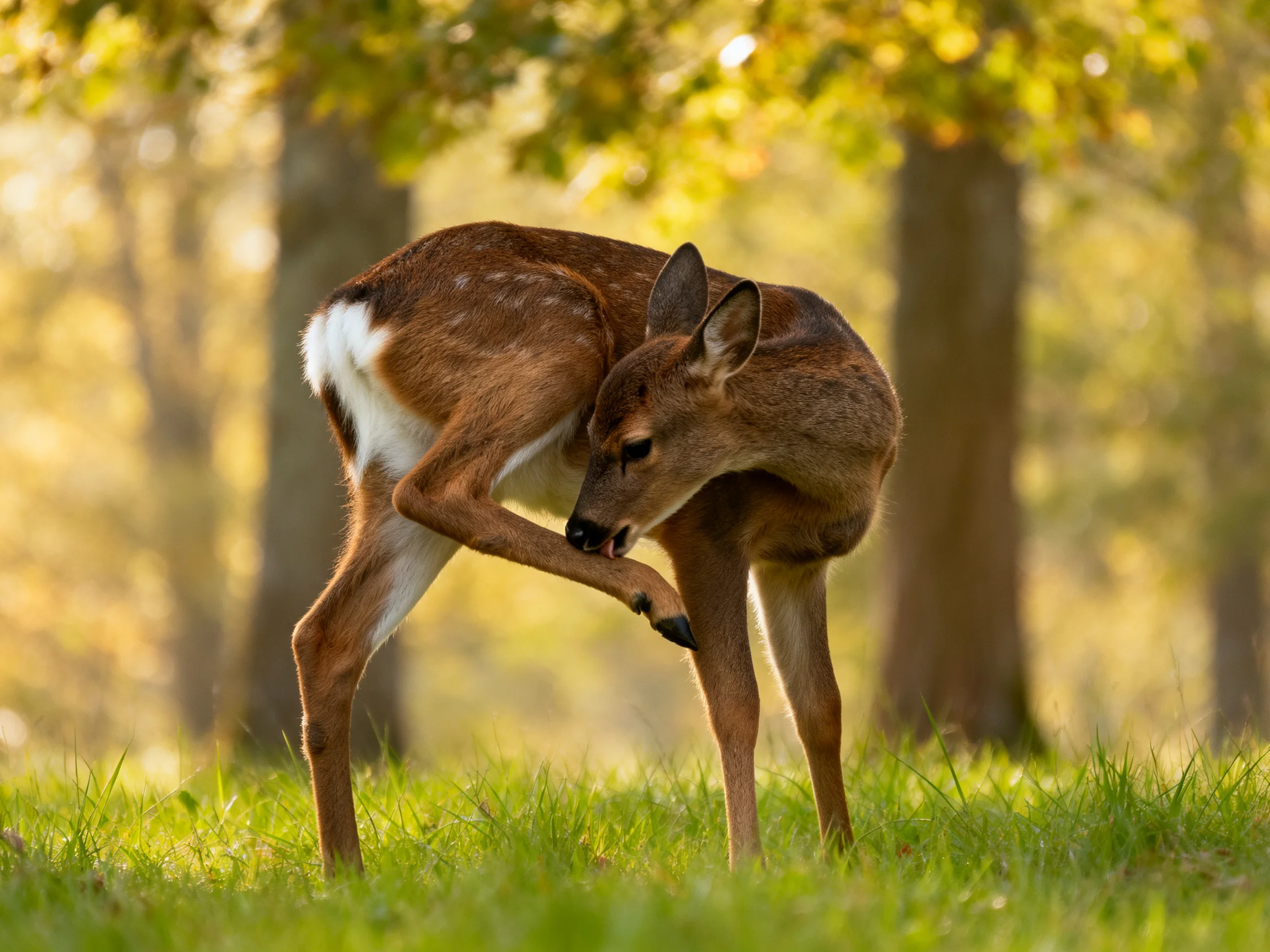 A young deer grooms itself in a sunlit forest clearing