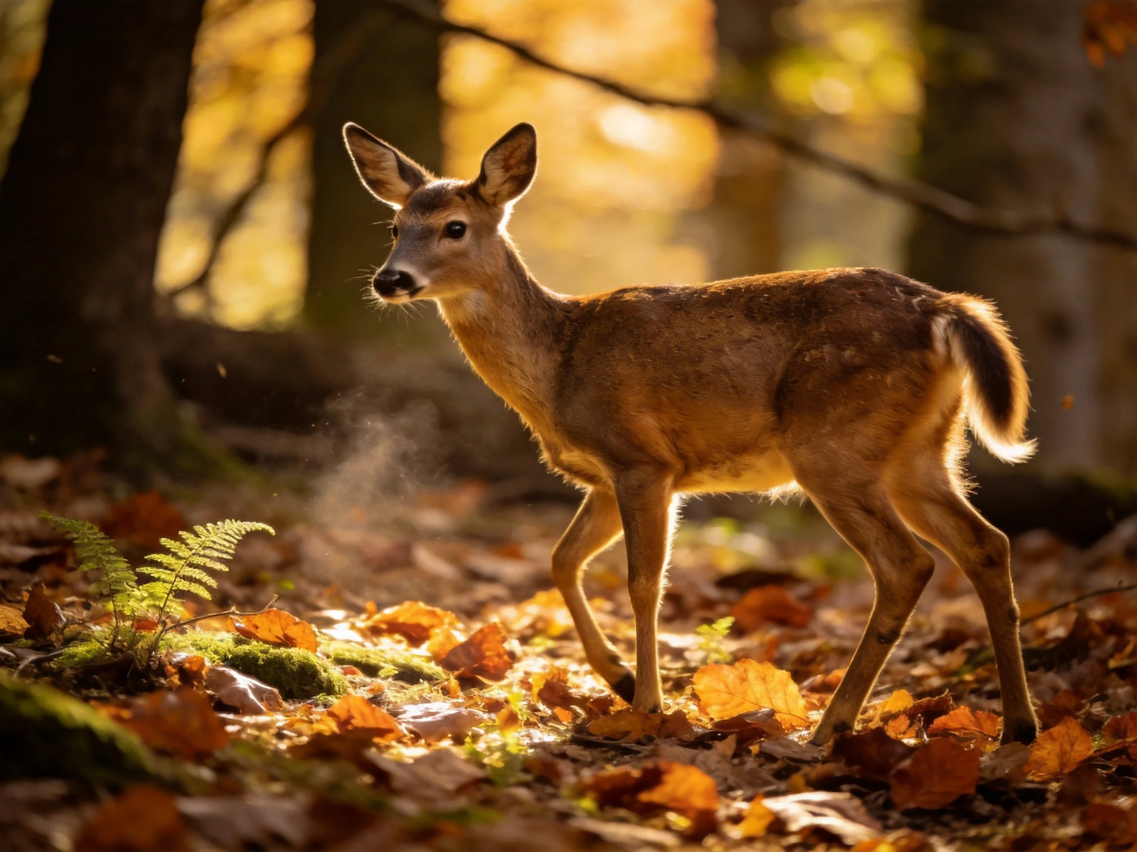 A young deer in a sunlit autumn forest with colorful foliage