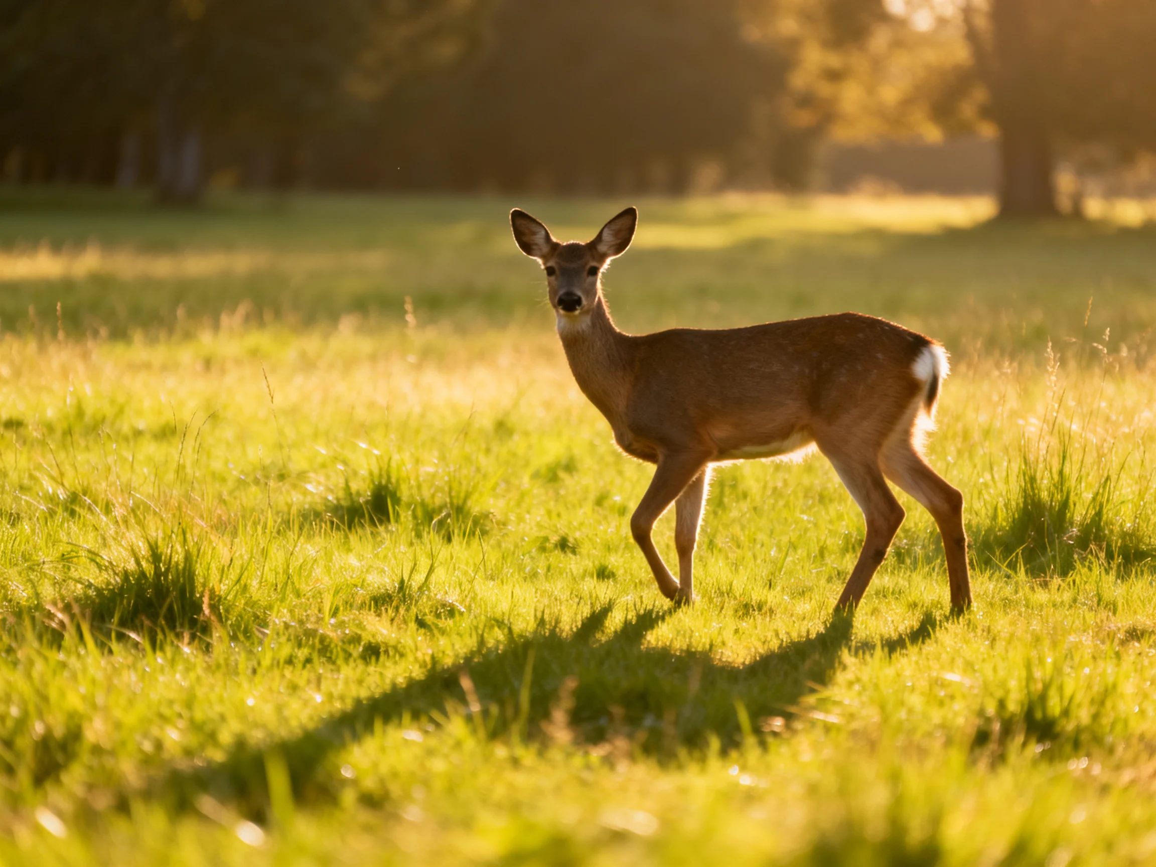 A young deer stands amidst tall grasses under bright sunlight in an open field.