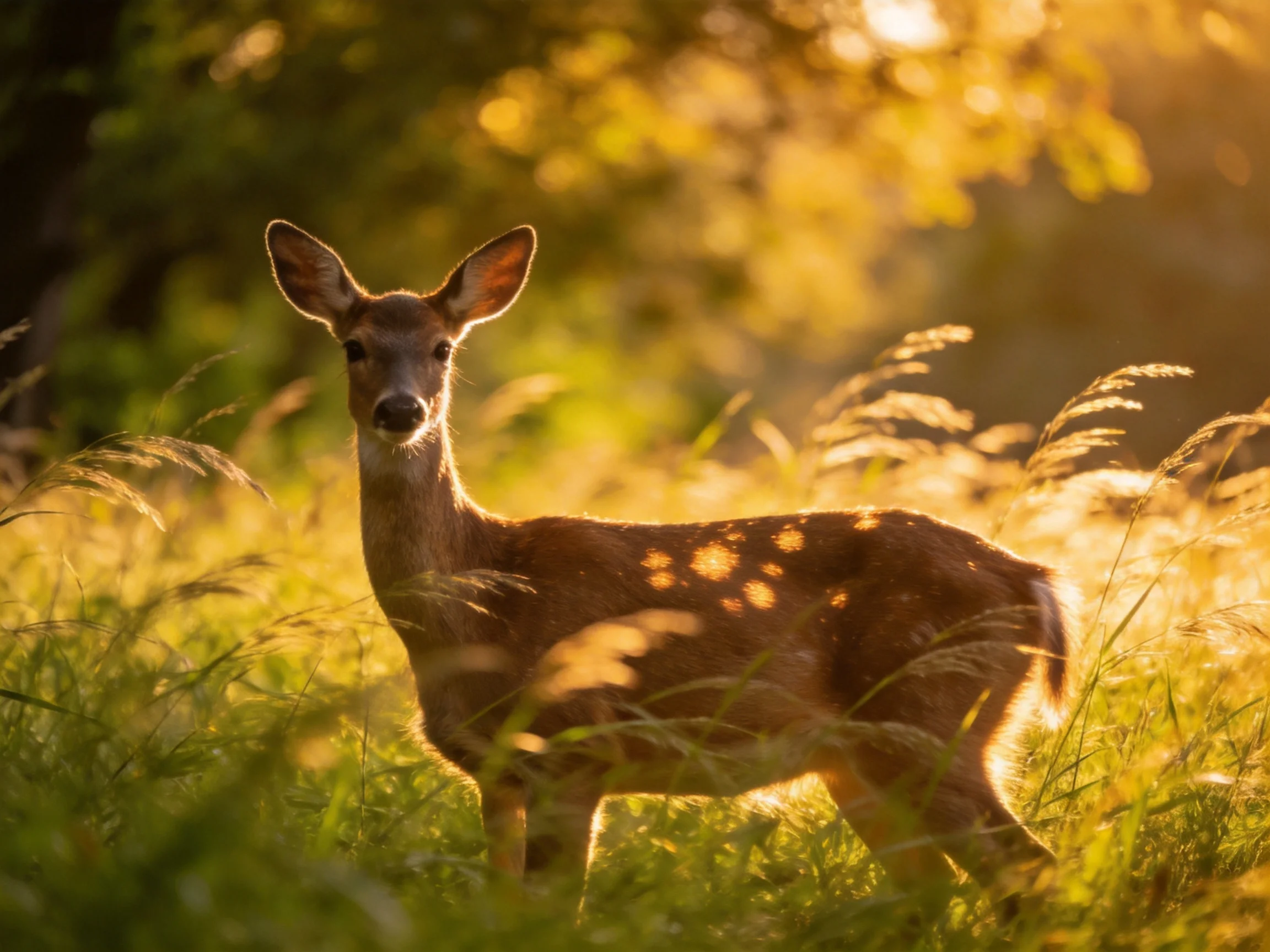 A young deer in golden grass with sunlit foliage