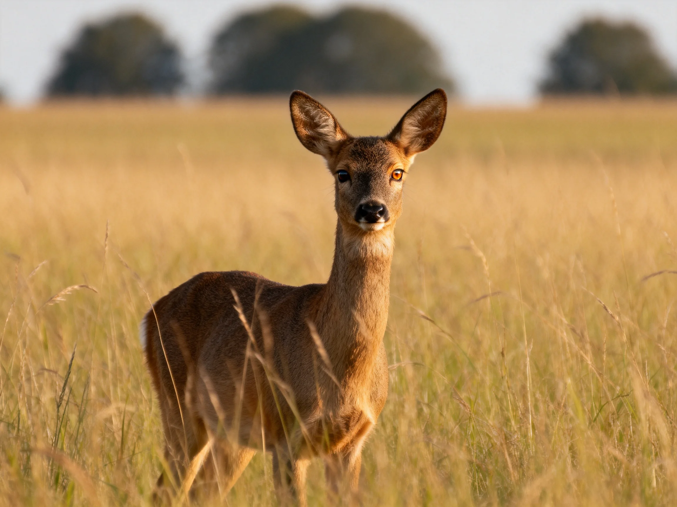 A young deer in golden grassland near blurred trees