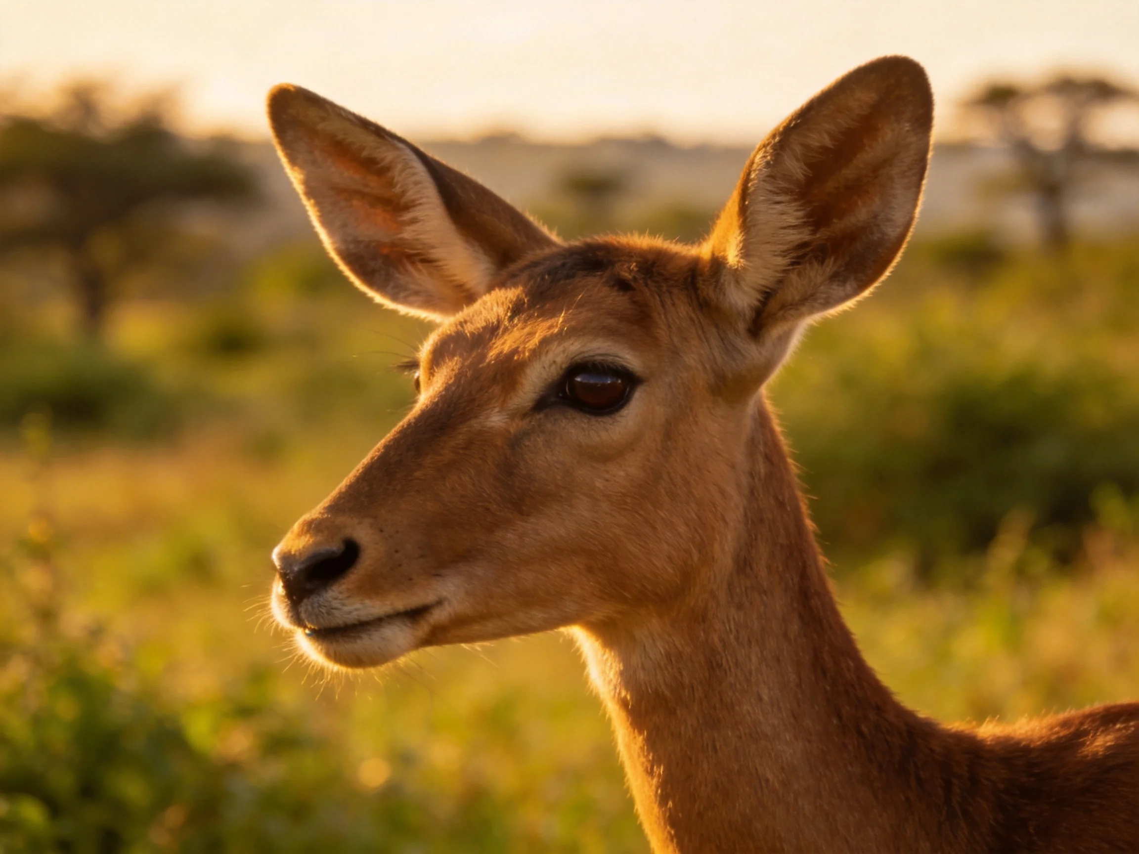 A young deer - like animal in golden savannah with blurred vegetation