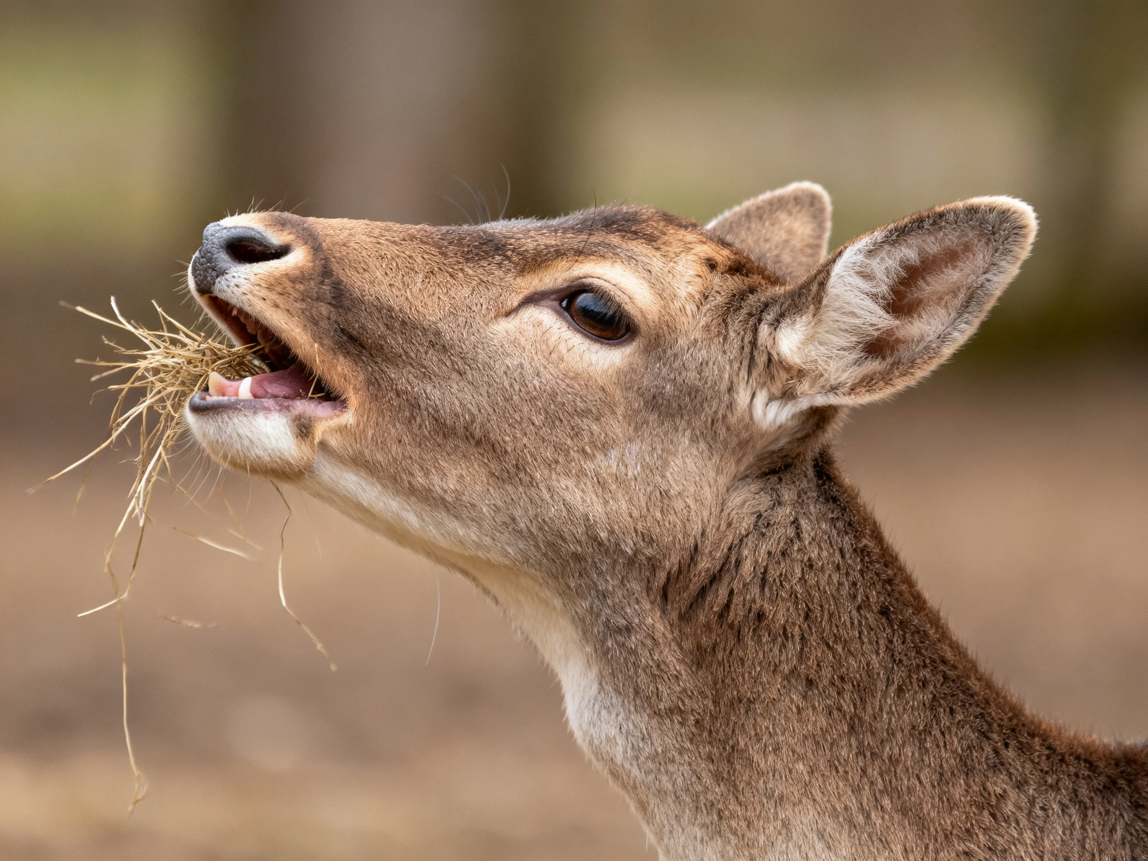 A young deer feeds on hay in a softly blurred forest setting.