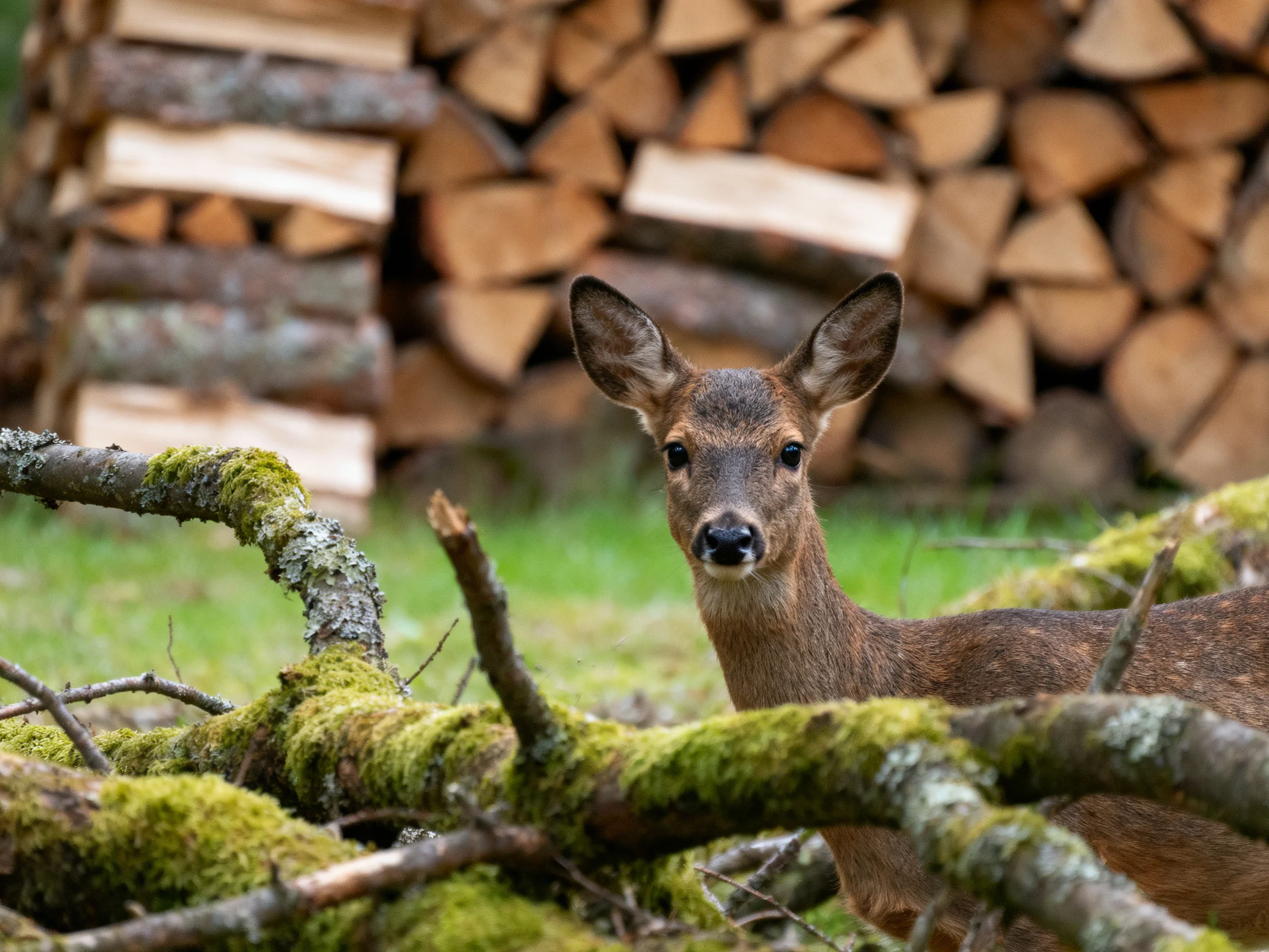 A young deer near mossy branches and stacked firewood
