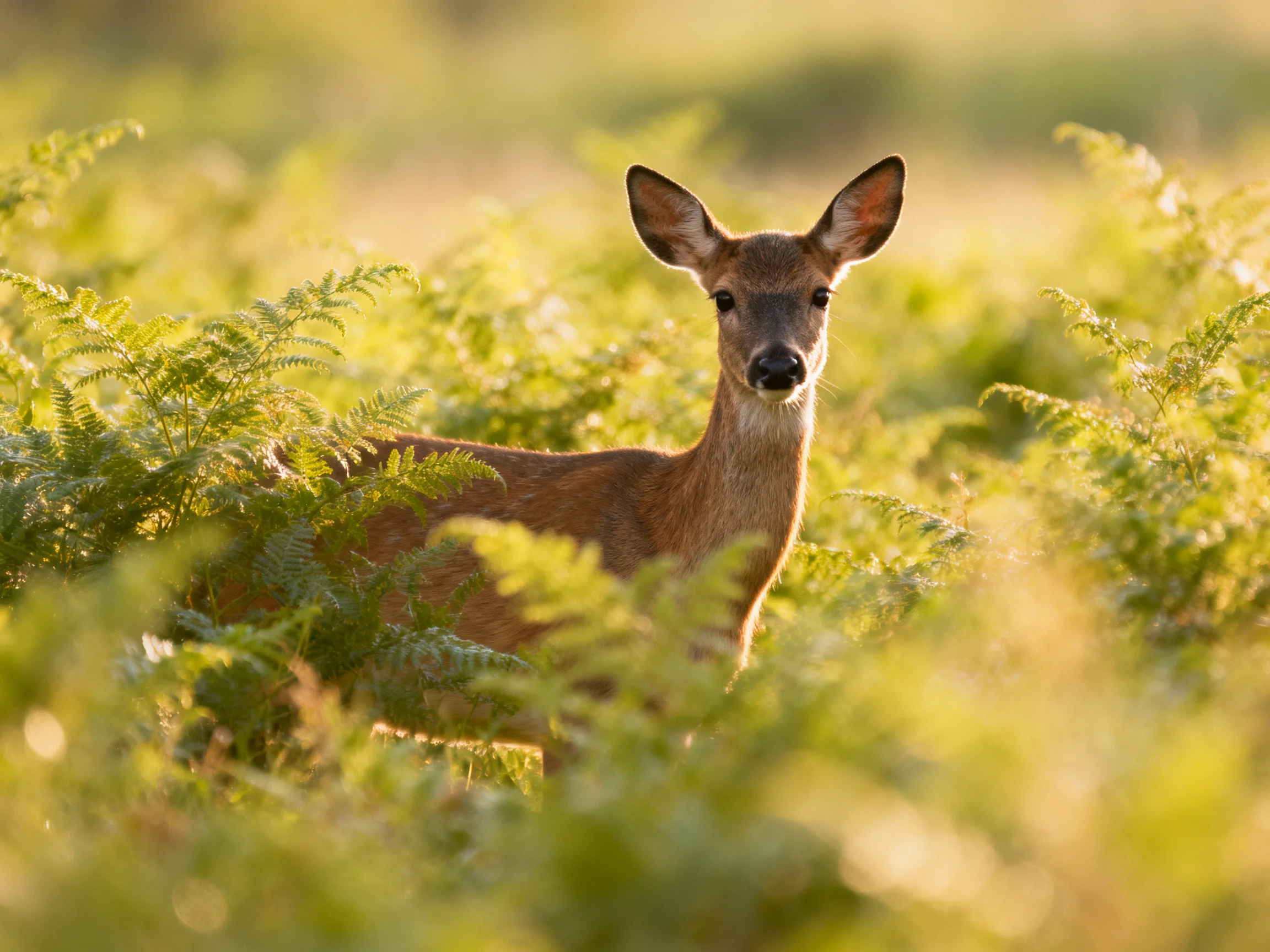 A young deer nestled among lush green ferns in golden light