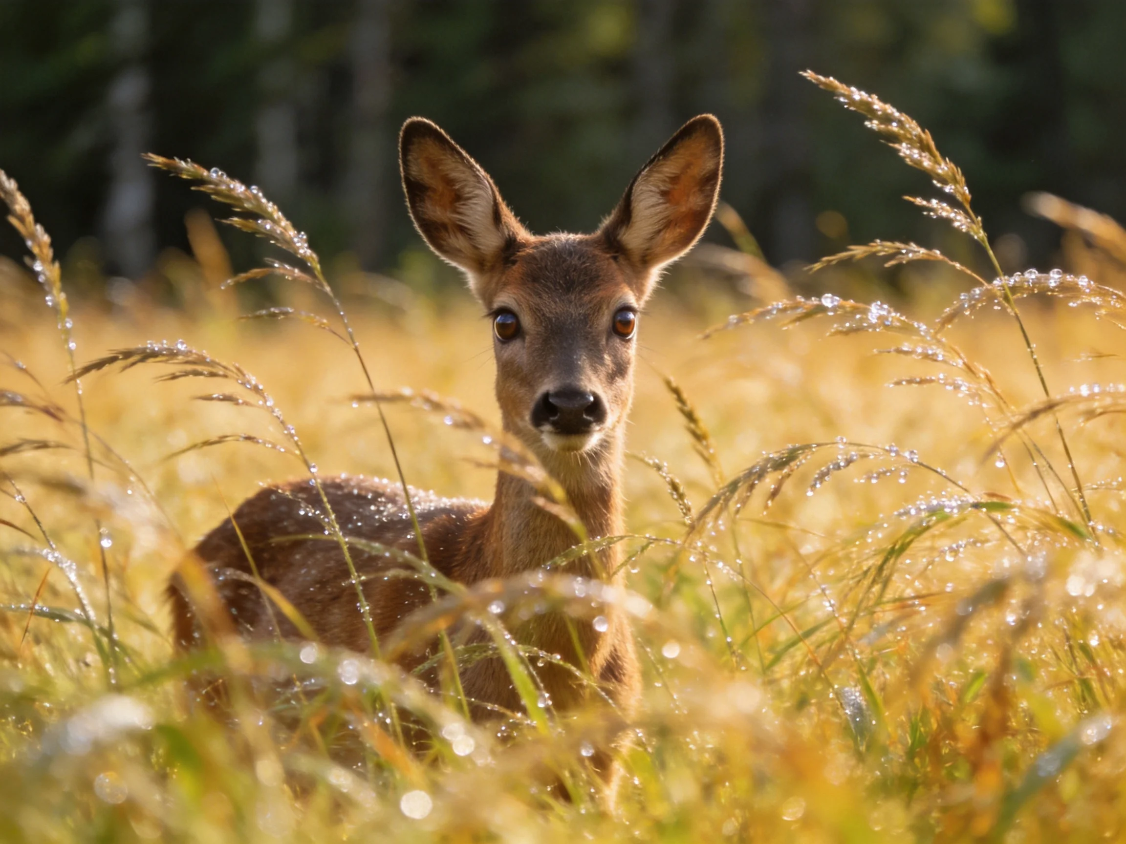 A young deer sits in dew-laden golden grass near a forest.
