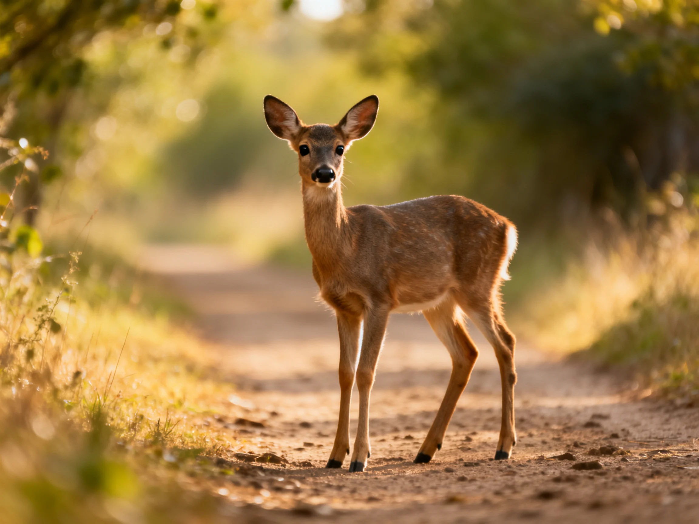 A young deer stands on a sunlit forest path in nature.