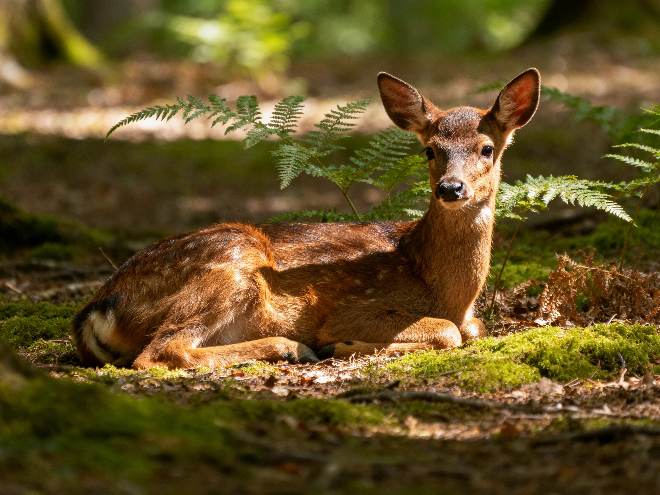 A young deer rests amid mossy ground and ferns in a sun-dappled forest