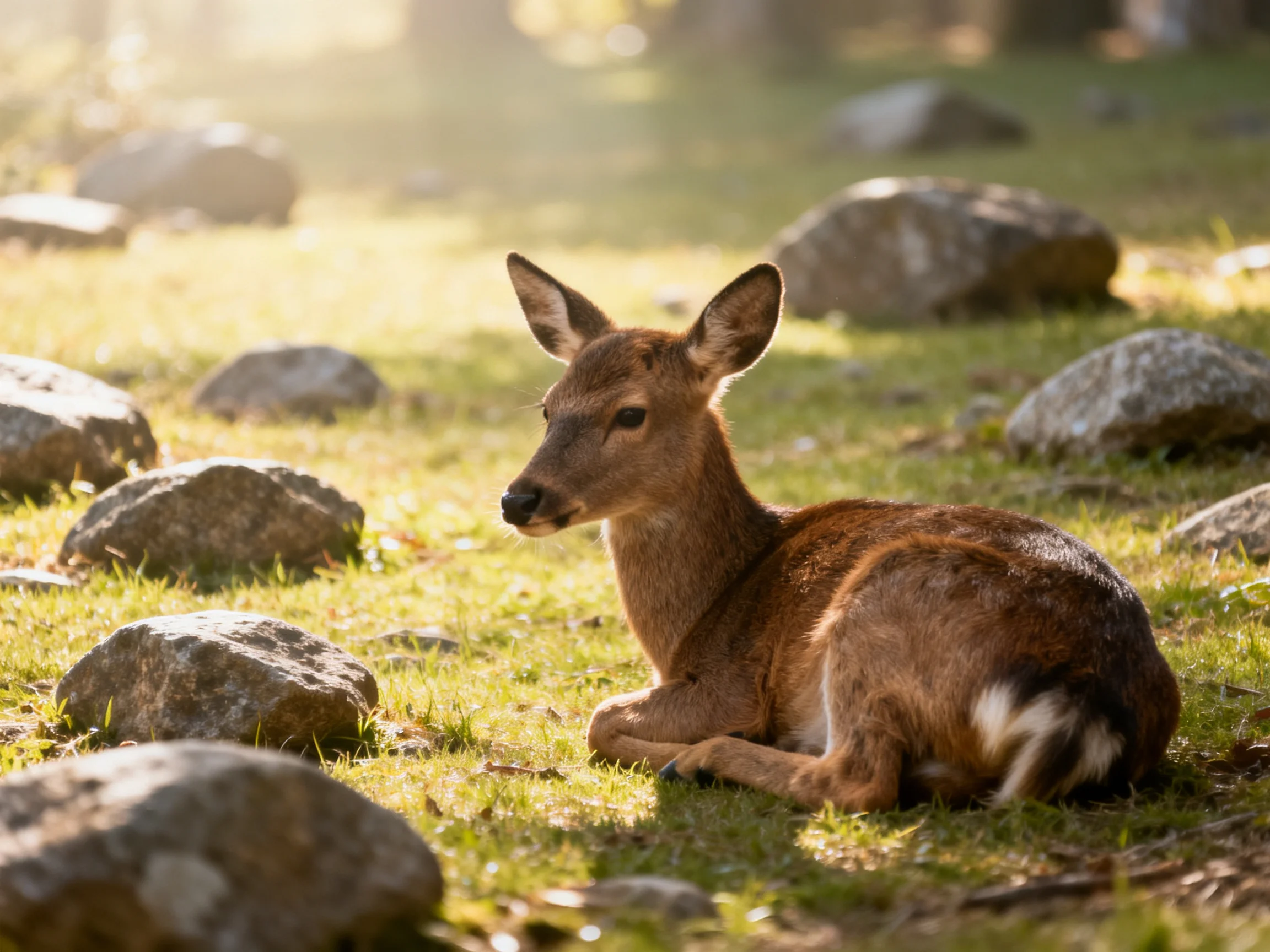Young deer rests among rocks in a sunlit meadow