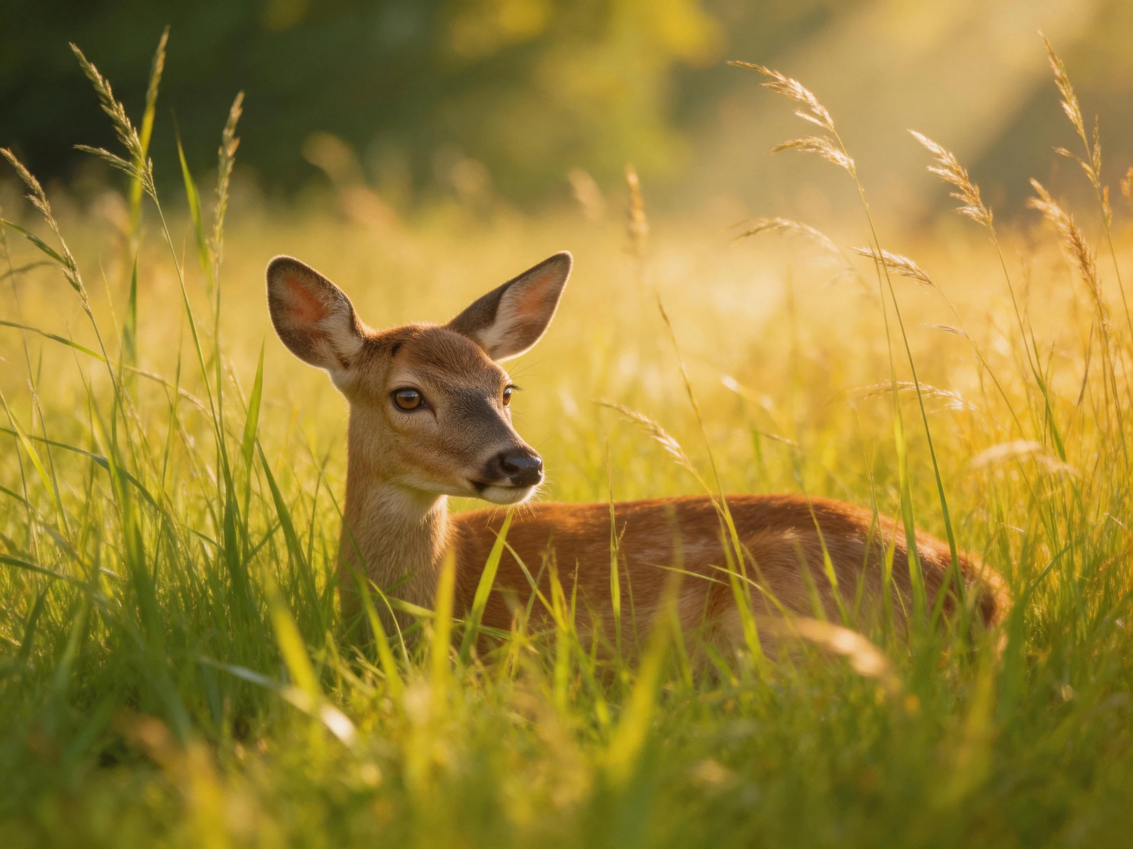 A young deer rests among tall golden grasses in warm sunlight