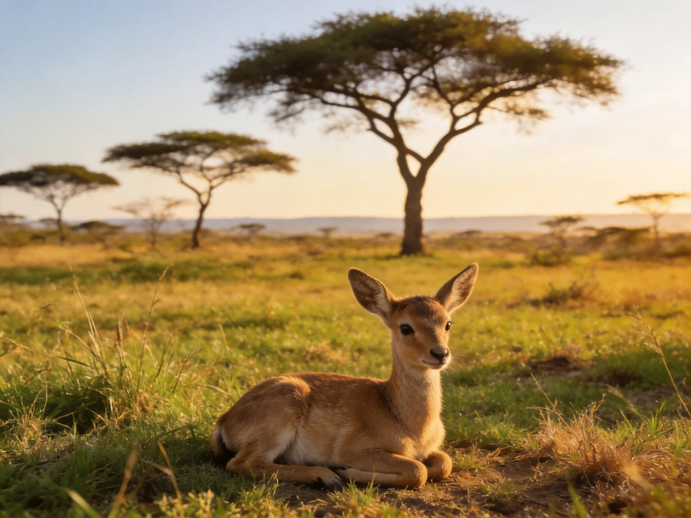 A young deer rests in a golden savannah with tall acacia trees