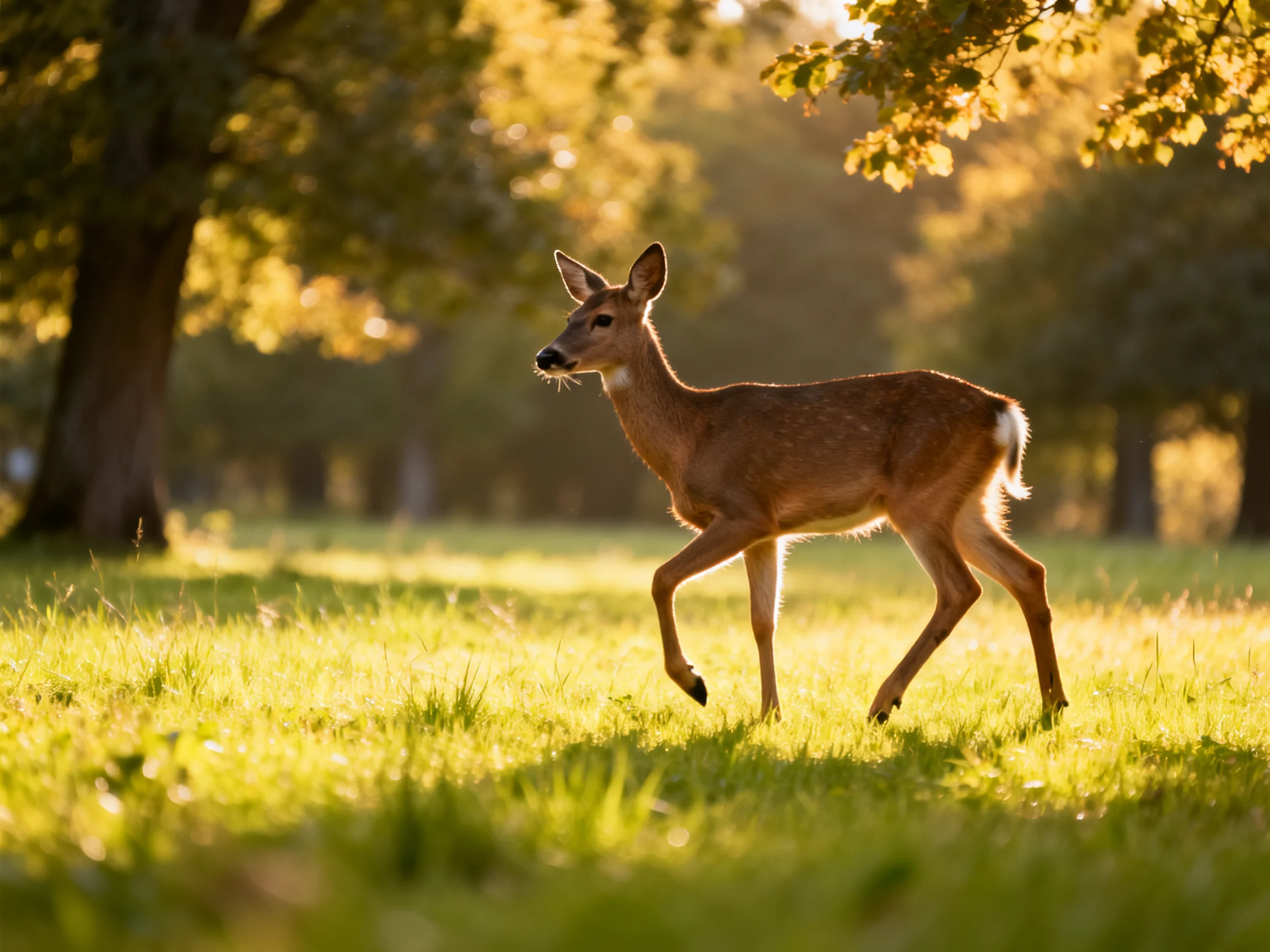 A young deer roams a sunlit forest clearing with tall trees