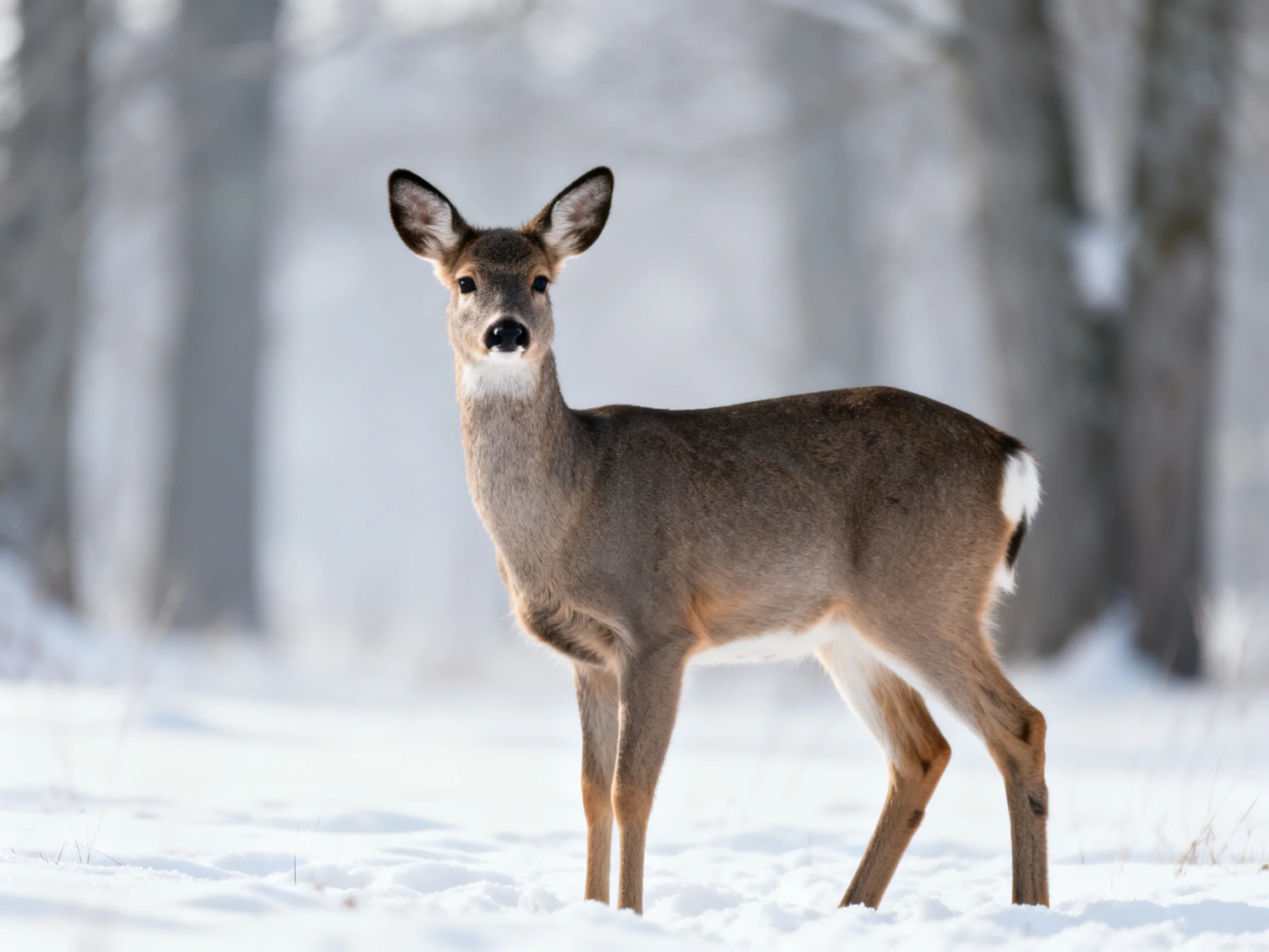 A young deer stands alert in a snowy forest clearing
