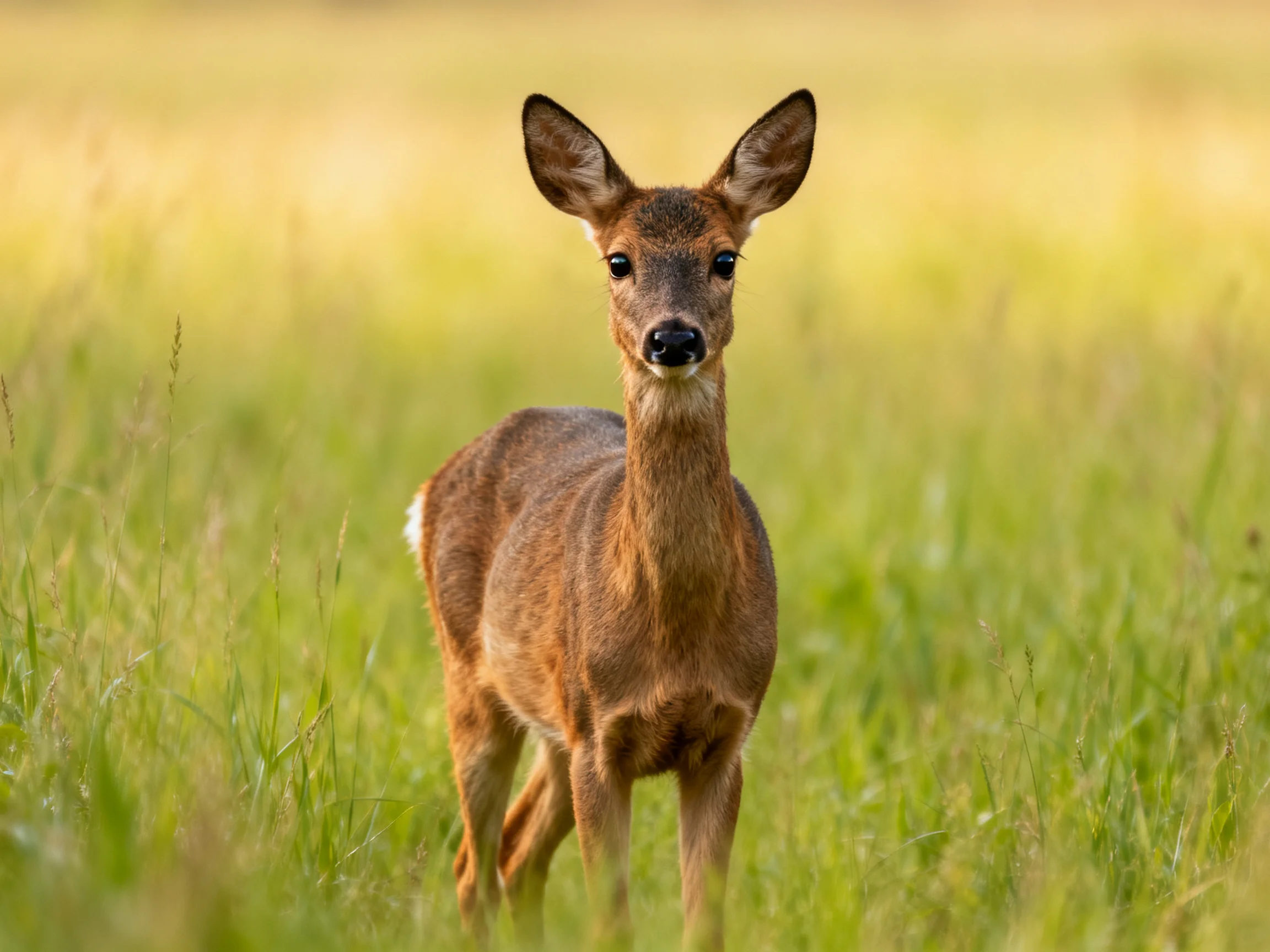 A young deer stands alert in a sunlit meadow of tall grass