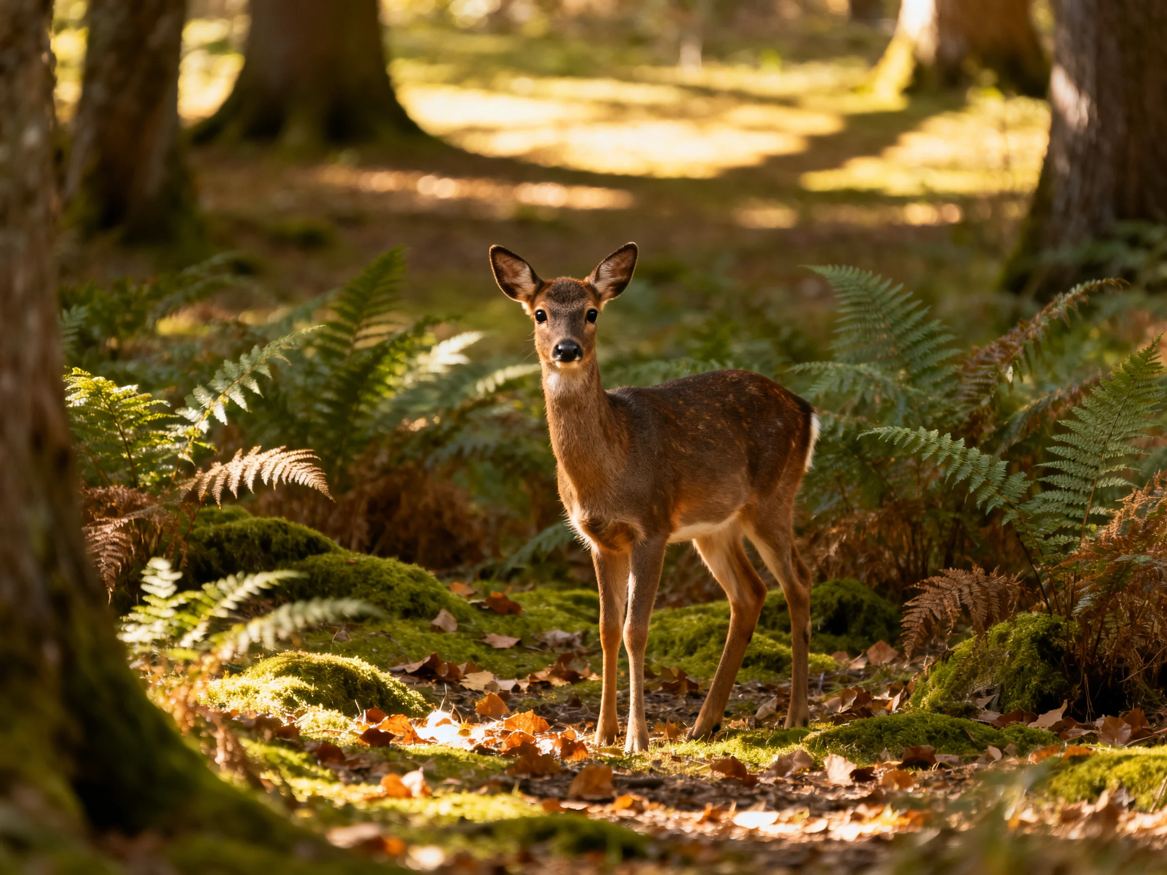 A deer is in a sunlit forest with ferns and moss.