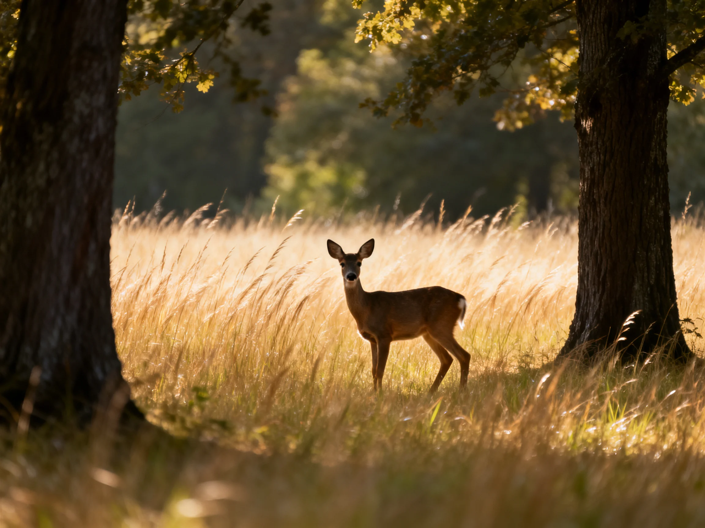 A young deer is in a sunlit meadow with tall grass and trees surrounding it