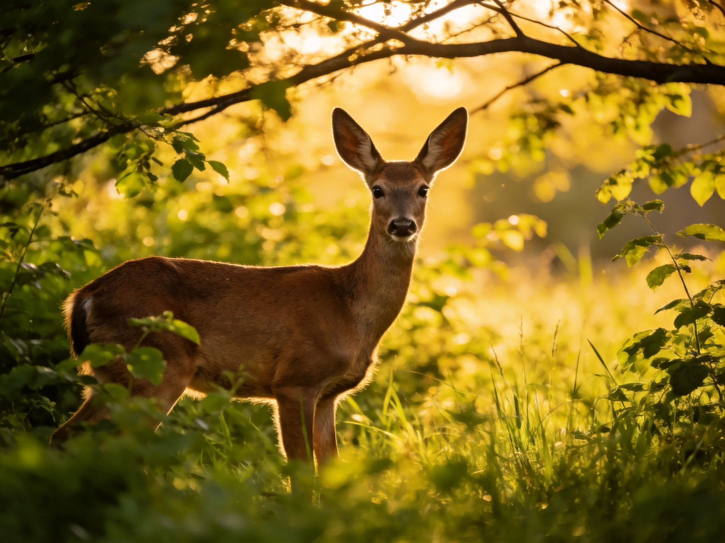 A young deer stands amid lush green foliage in golden sunlight