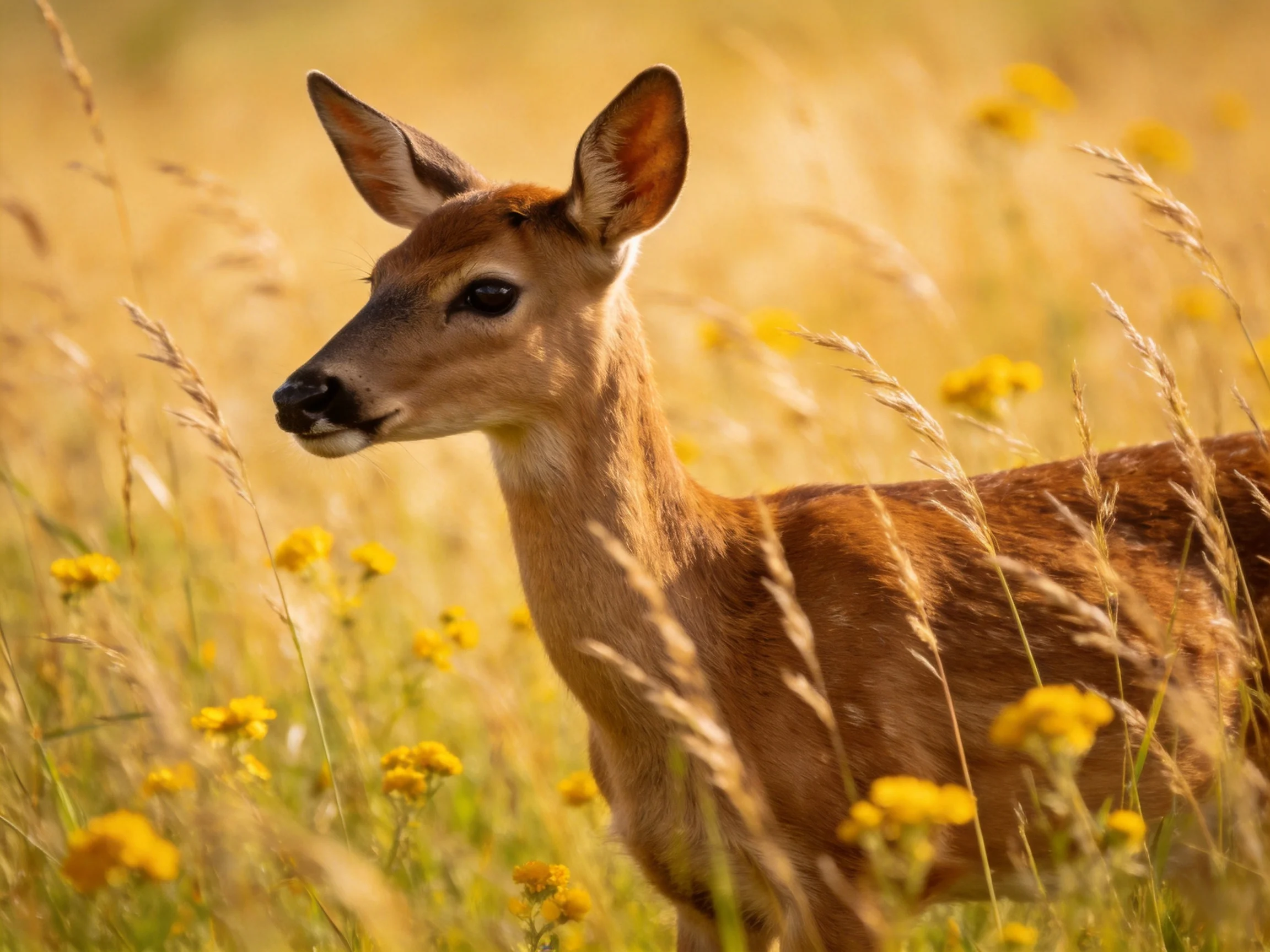 A young deer is among tall golden grasses and yellow wildflowers in a sunlit meadow.