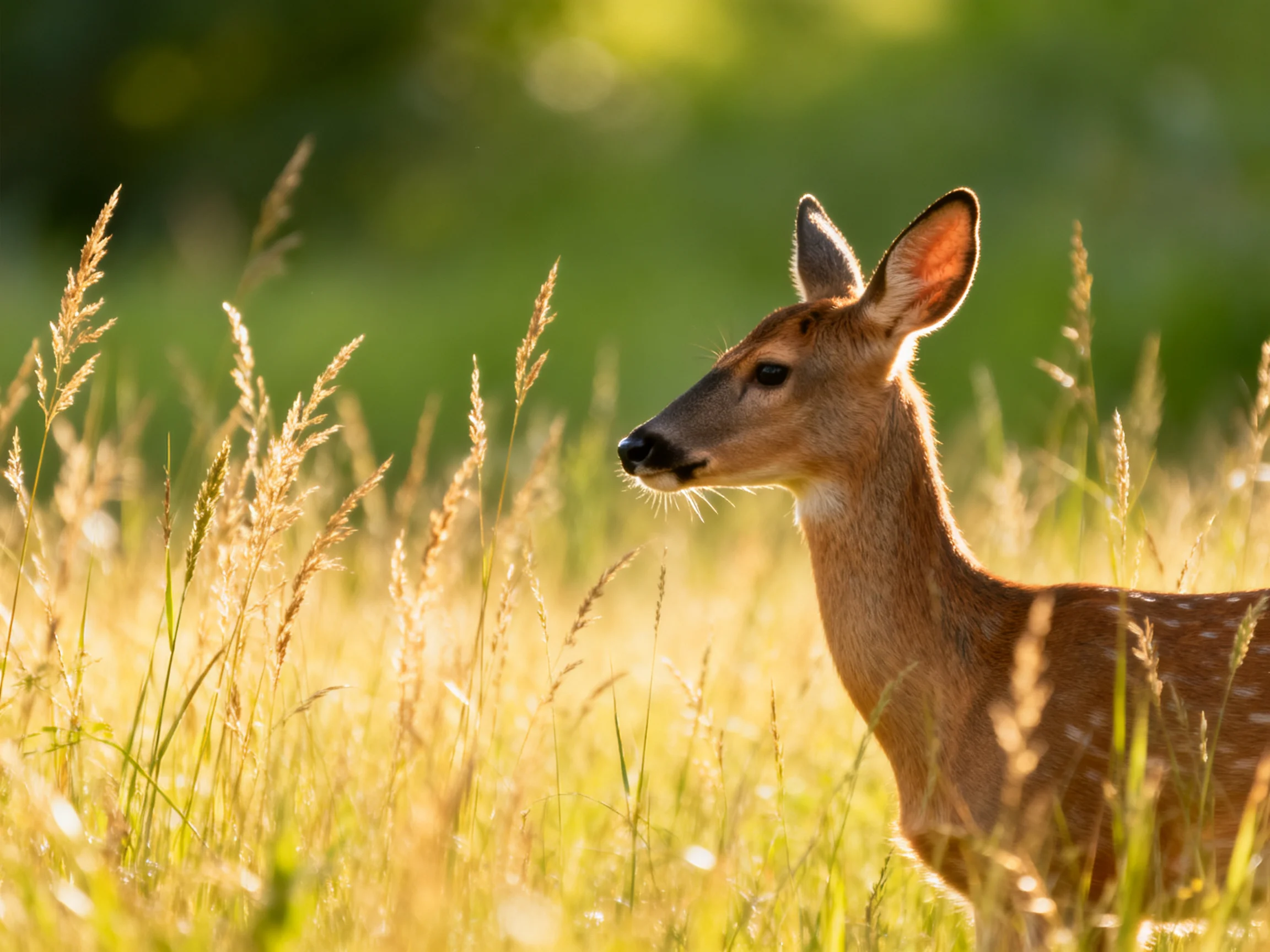 A young deer is in a sunlit meadow with tall grasses surrounding it.