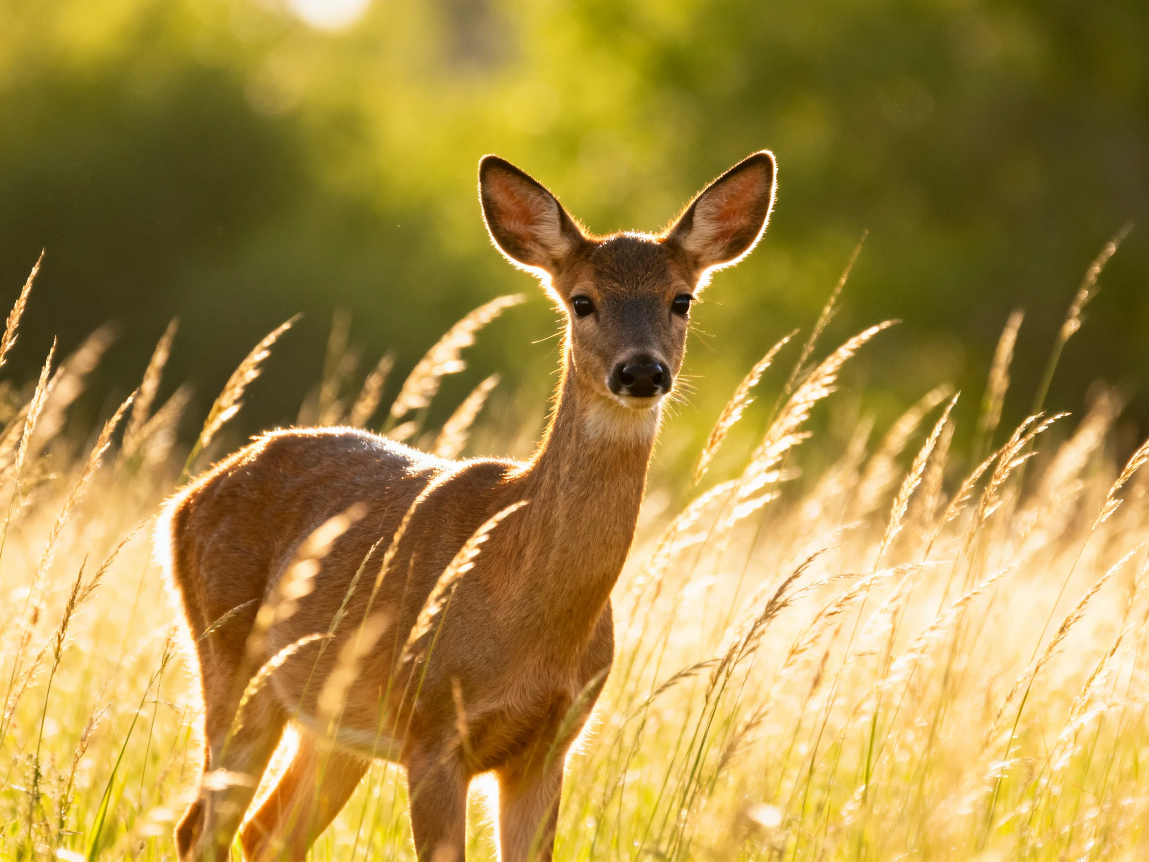 A young deer stands among tall grasses in a sunlit meadow.