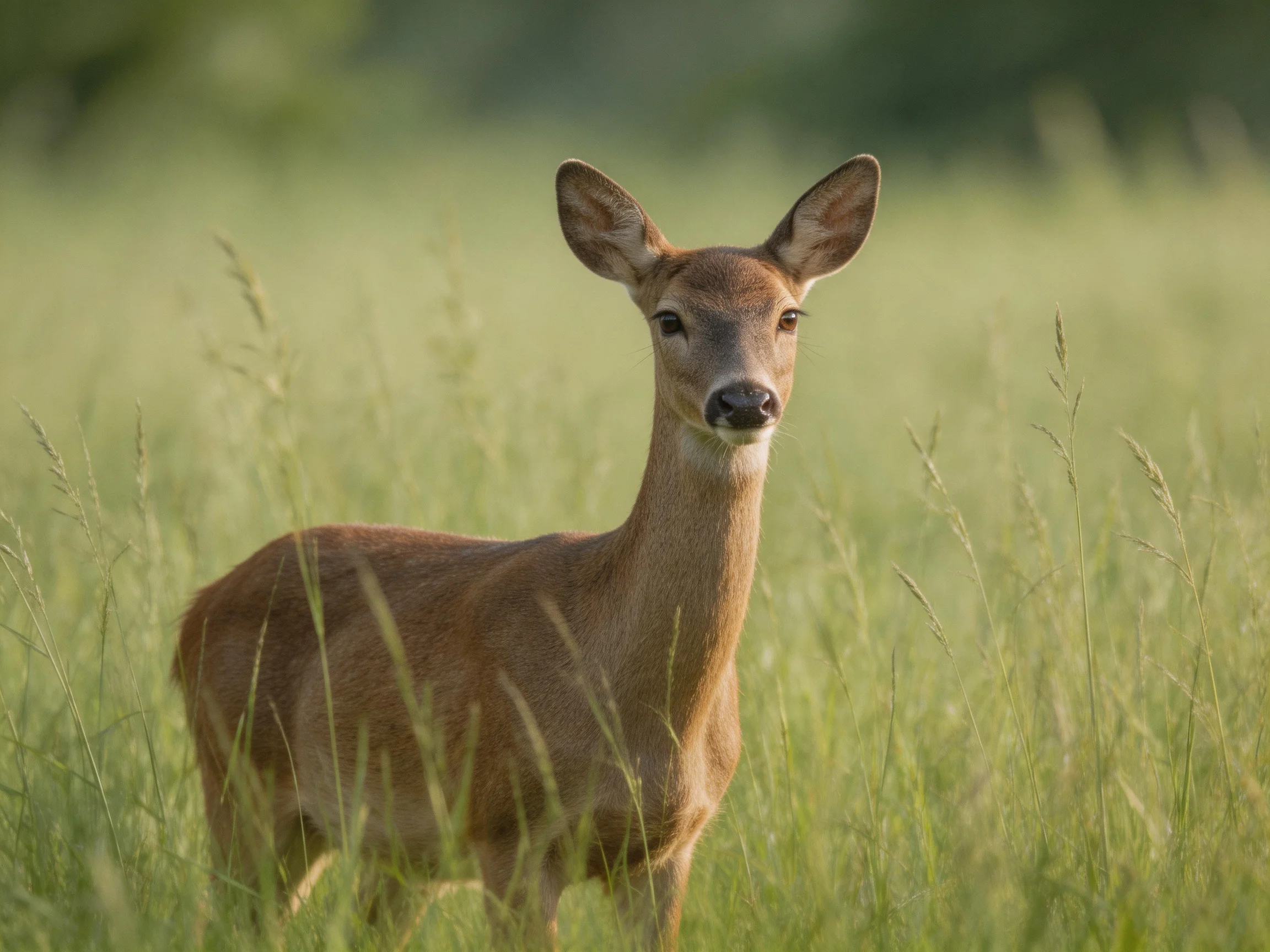 A young deer stands amid tall green grass in a sunlit outdooradow.