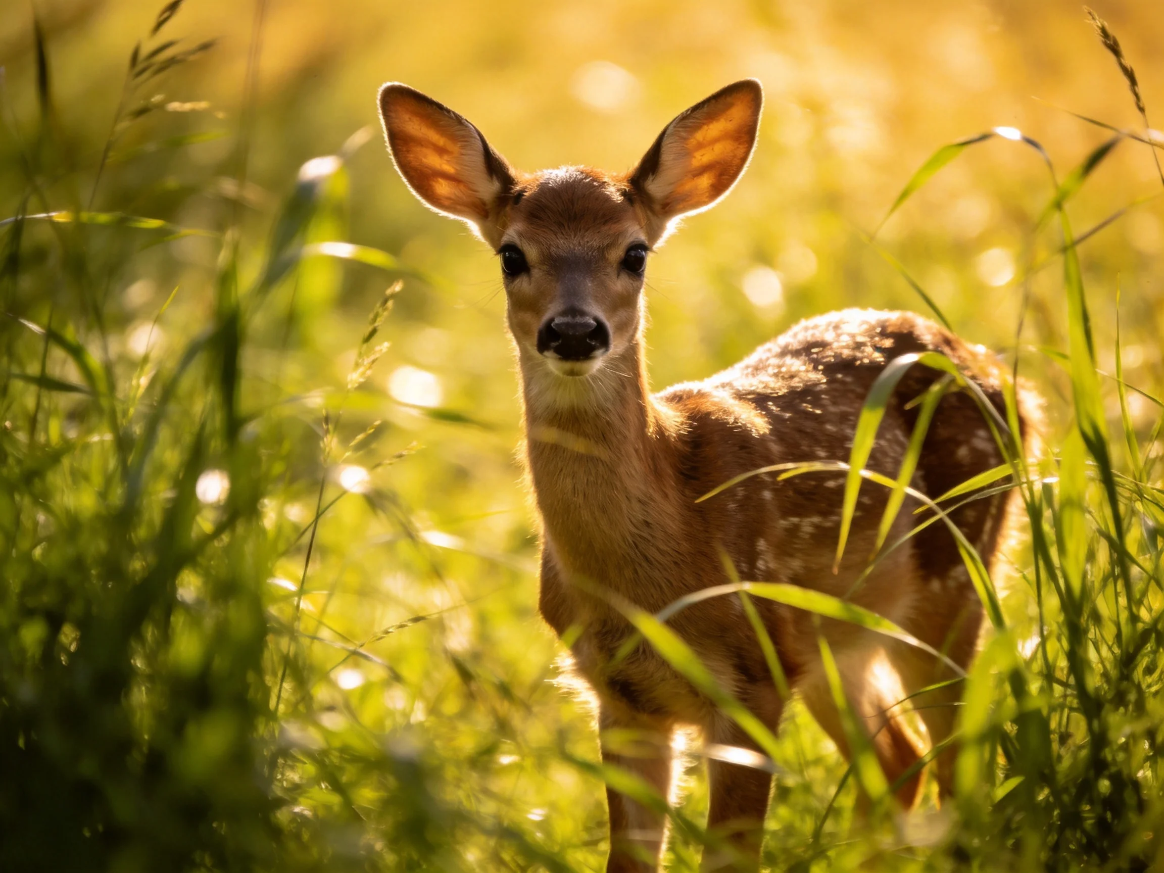 A young deer stands among tall grass in a sunlit meadow.