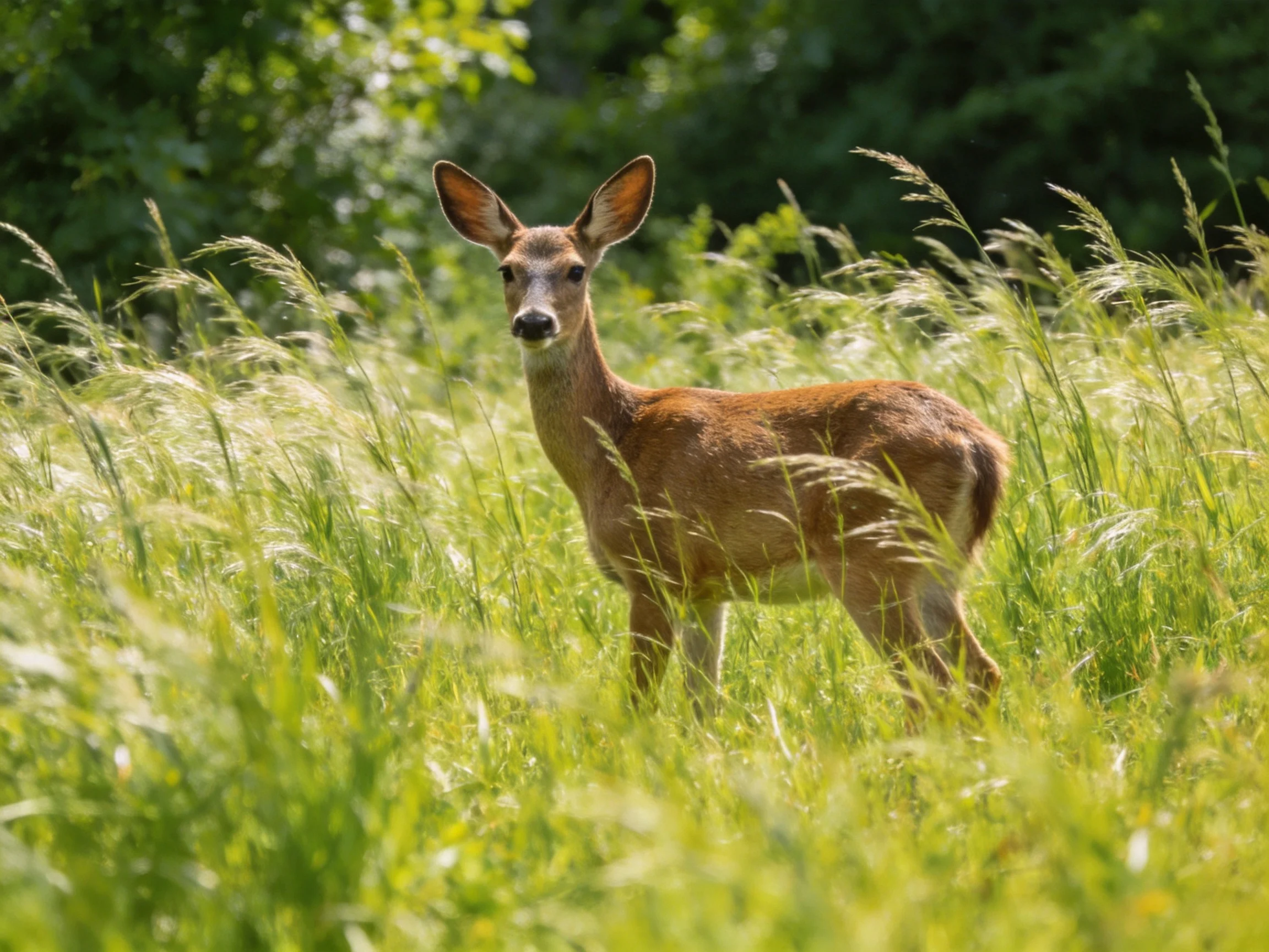A young deer stands amid tall green grasses in a sunlit meadow