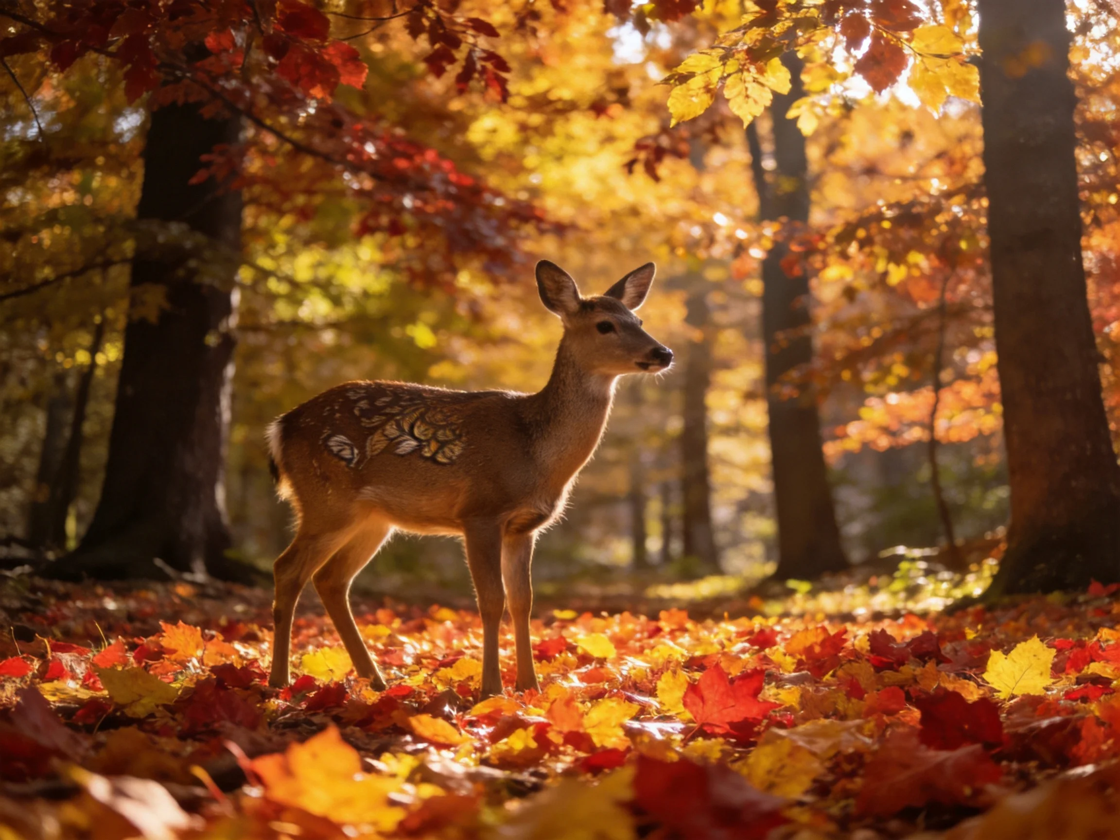 A young deer is surrounded by colorful fallen leaves in a sunlit autumn forest.