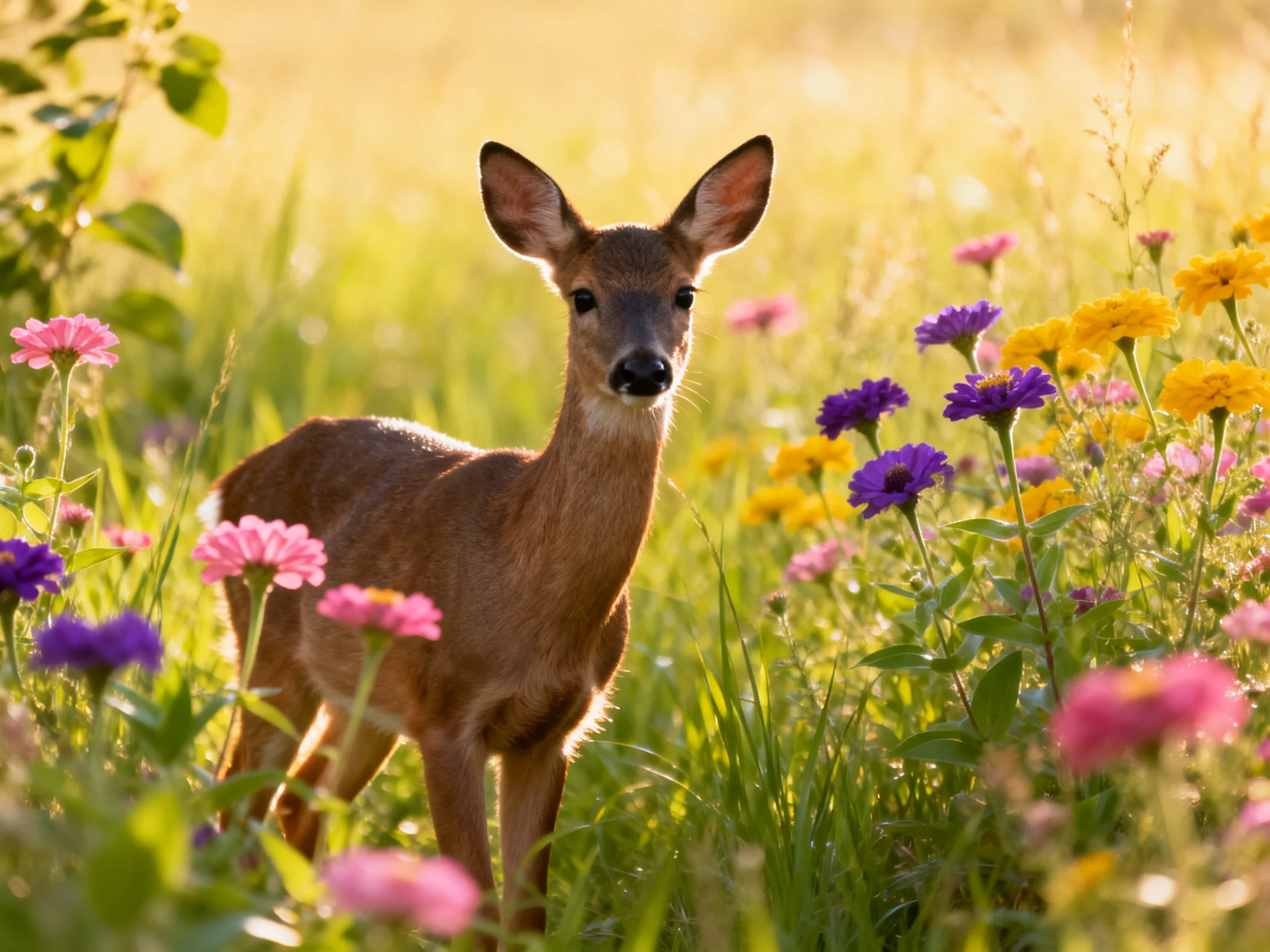 A young deer is surrounded by colorful wildflowers in a sunlit meadow.