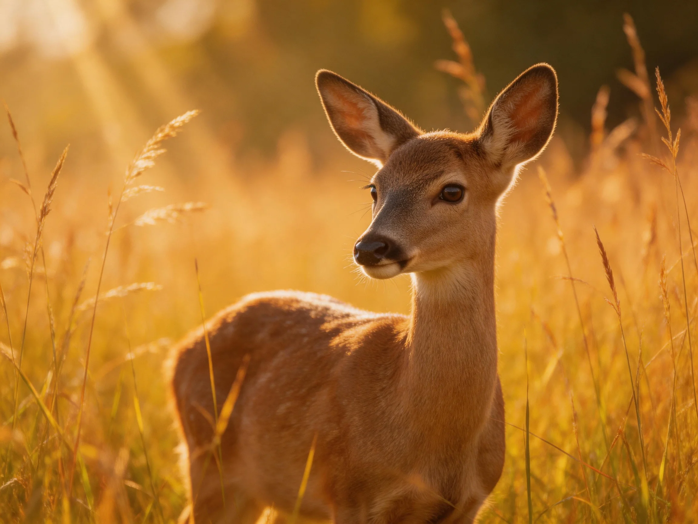 A young deer stands amidst tall golden grasses in soft sunlight