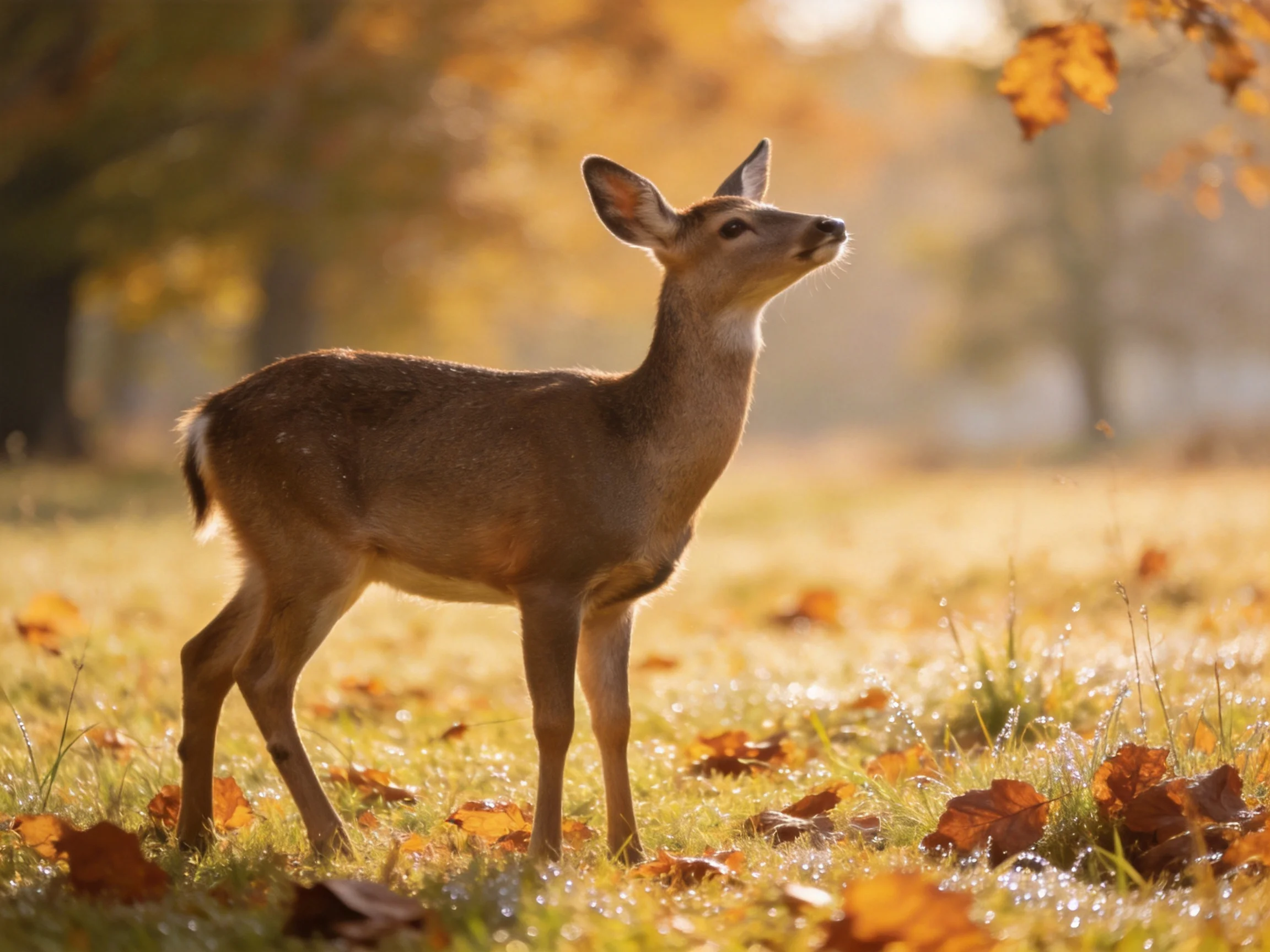 A young deer stands in a sunlit meadow surrounded by autumn foliage.