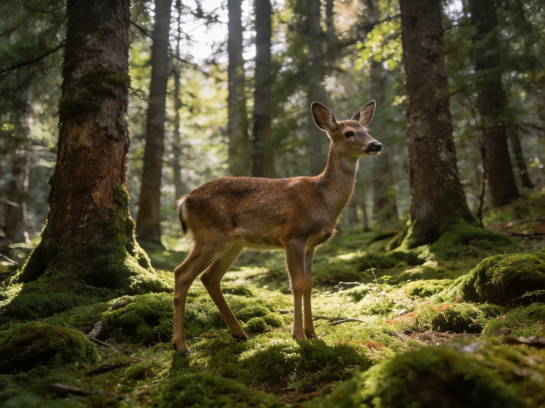 A young deer stands among lush green moss and towering forest trees