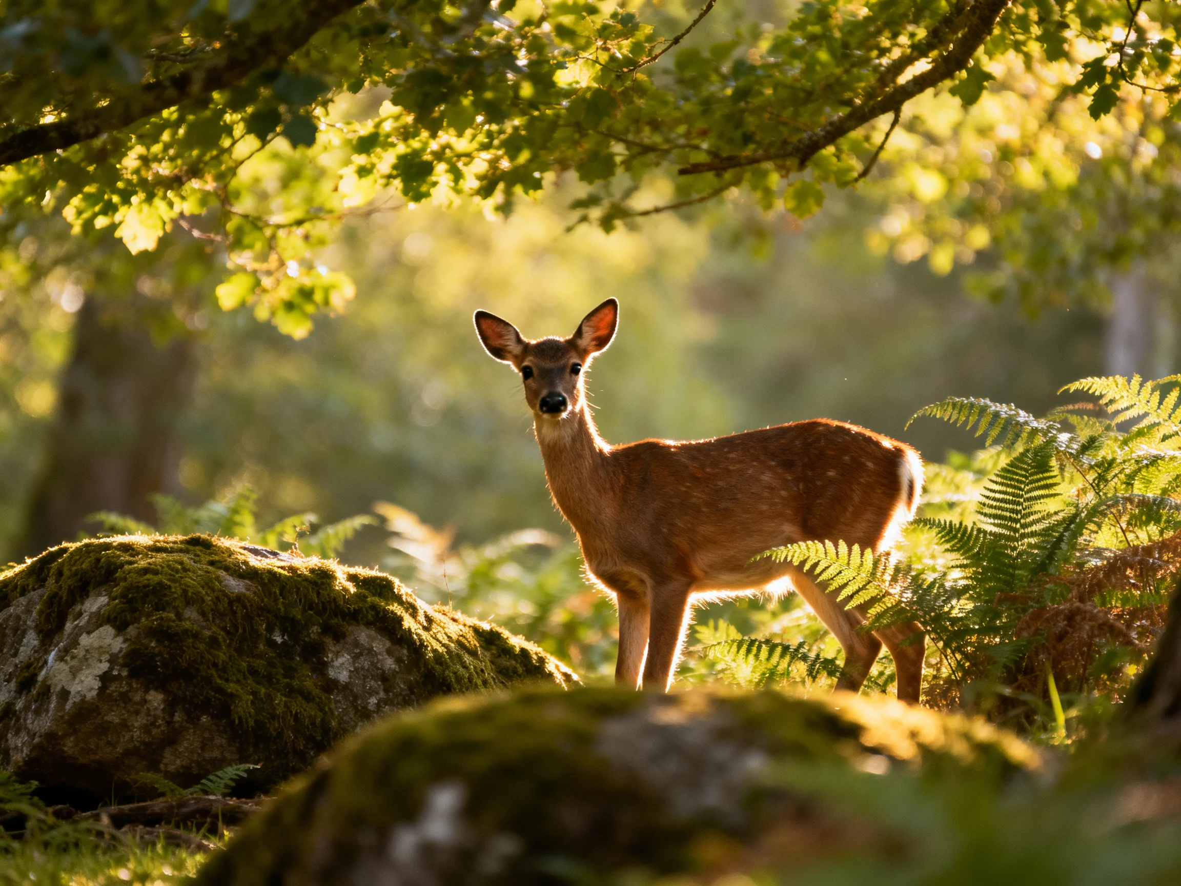 A young deer stands among moss-covered rocks, ferns, and golden sunlight